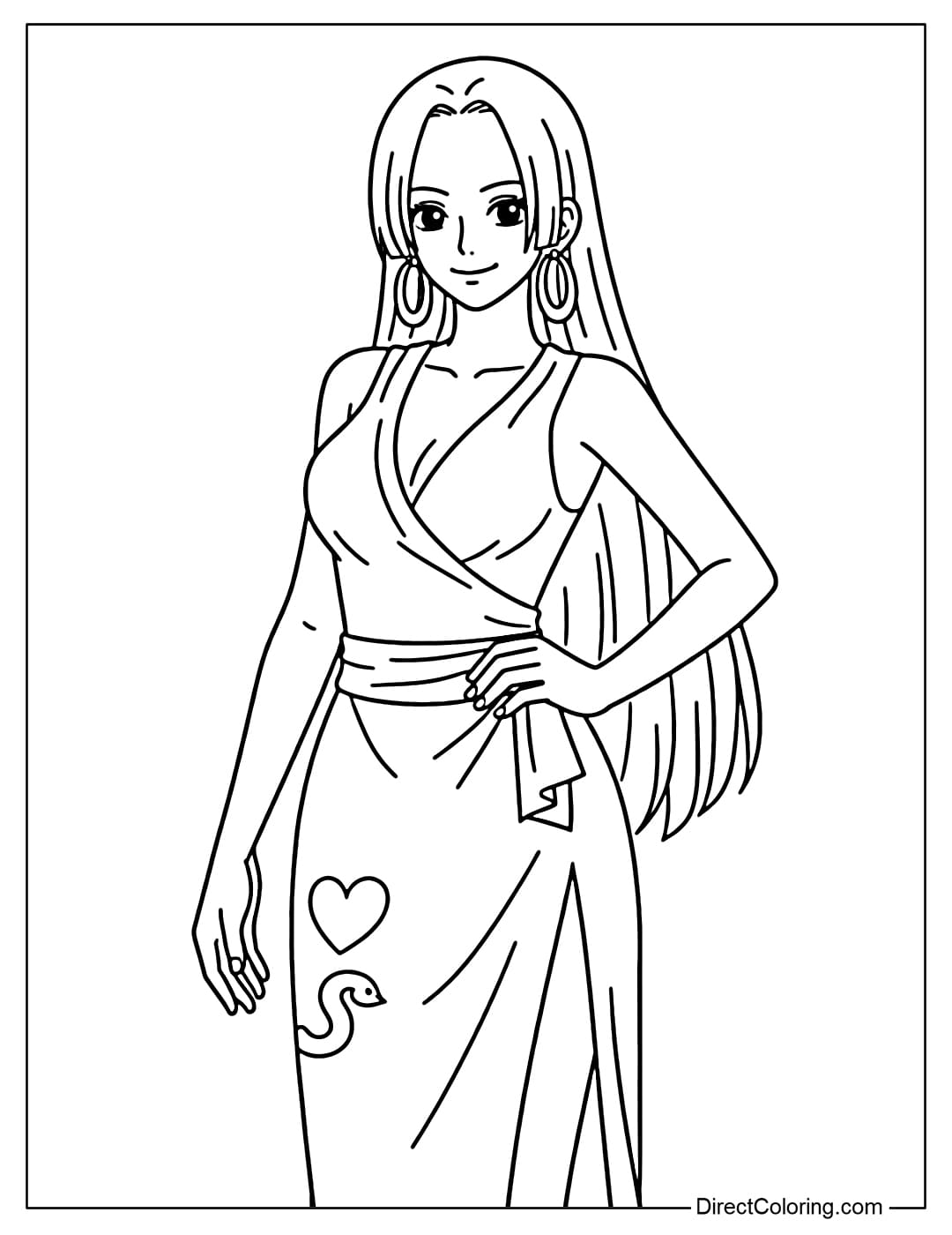 Boa Hancock is wearing a seductive slit dress with heart and snake patterns, her long, flowing hair.