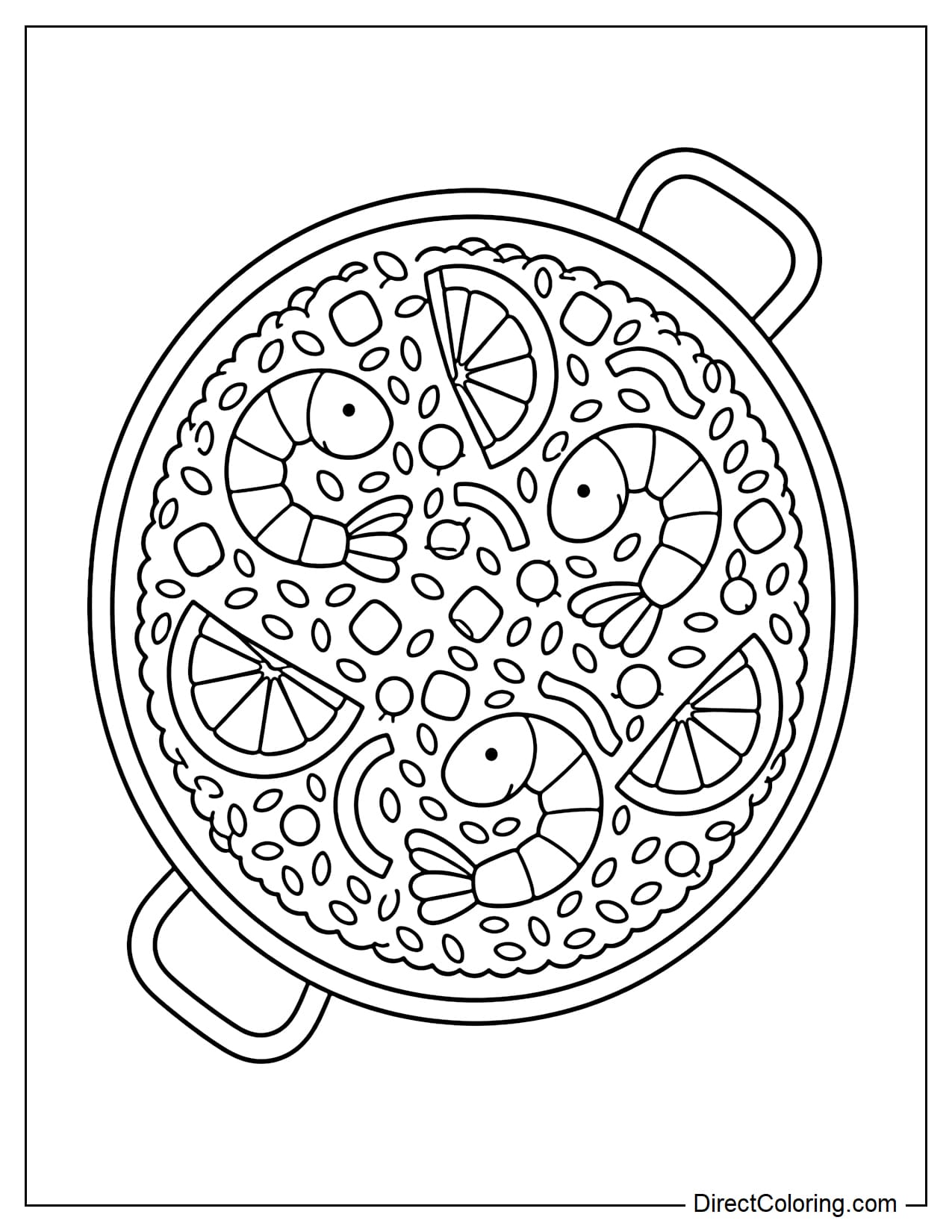 A typical Spanish paella dish with rice, shrimp, lime slices, and vegetables, simply decorated and attractively presented.