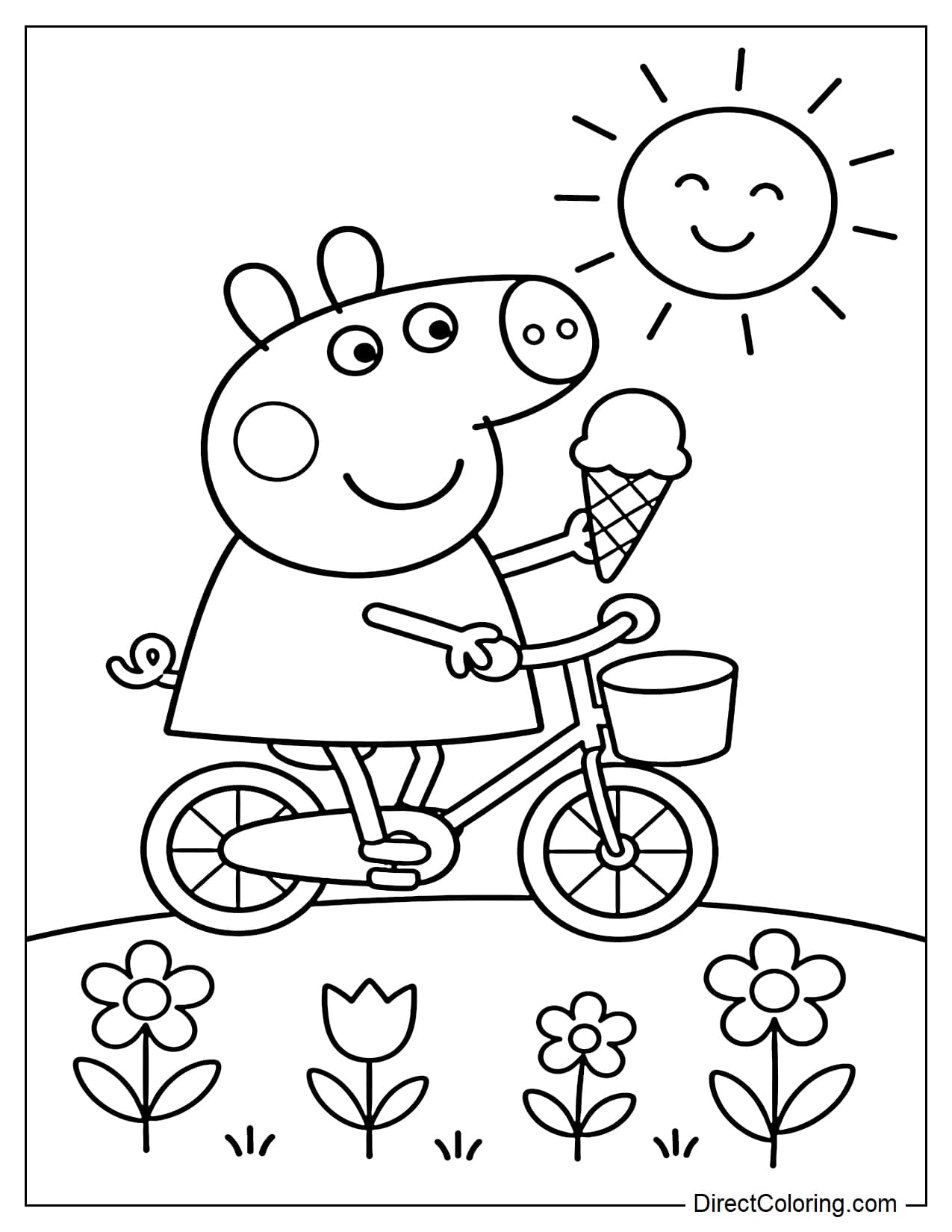 Peppa Pig is riding a small bicycle on a summer day, holding an ice cream cone, with some flowers and a smiling sun in front of her.