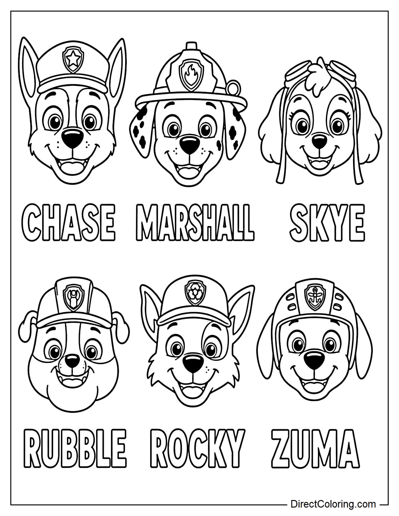 The six main Paw Patrol pups' heads - Chase, Marshall, Skye, Rubble, Rocky, and Zuma - are arranged neatly in two rows. Each pup wears their signature hat and has their name displayed below.