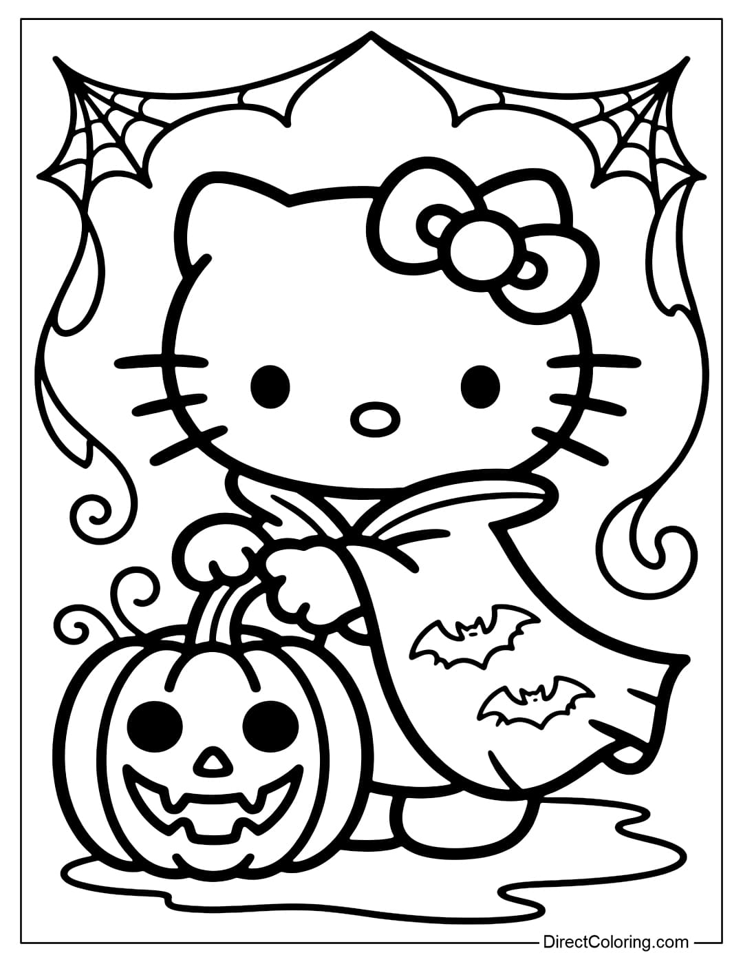 Hello Kitty coloring page transformed into a little vampire, long cloak, pretty fangs, standing next to a pumpkin carved with a smiley face