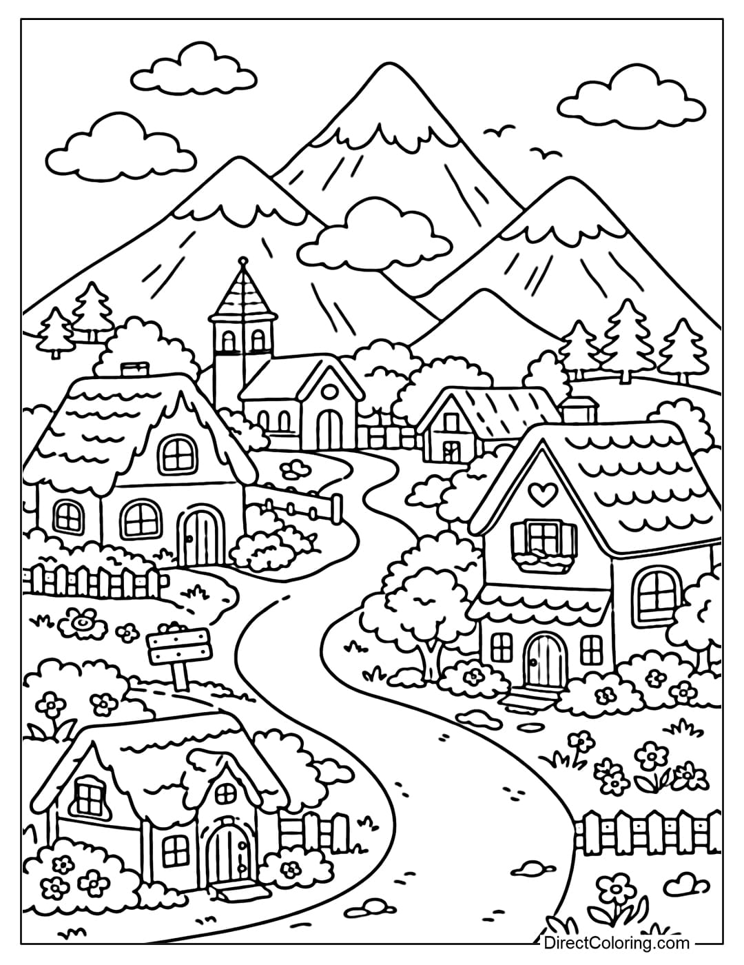 This coloring page shows a village at the foot of a mountain, with a few houses and a small road.