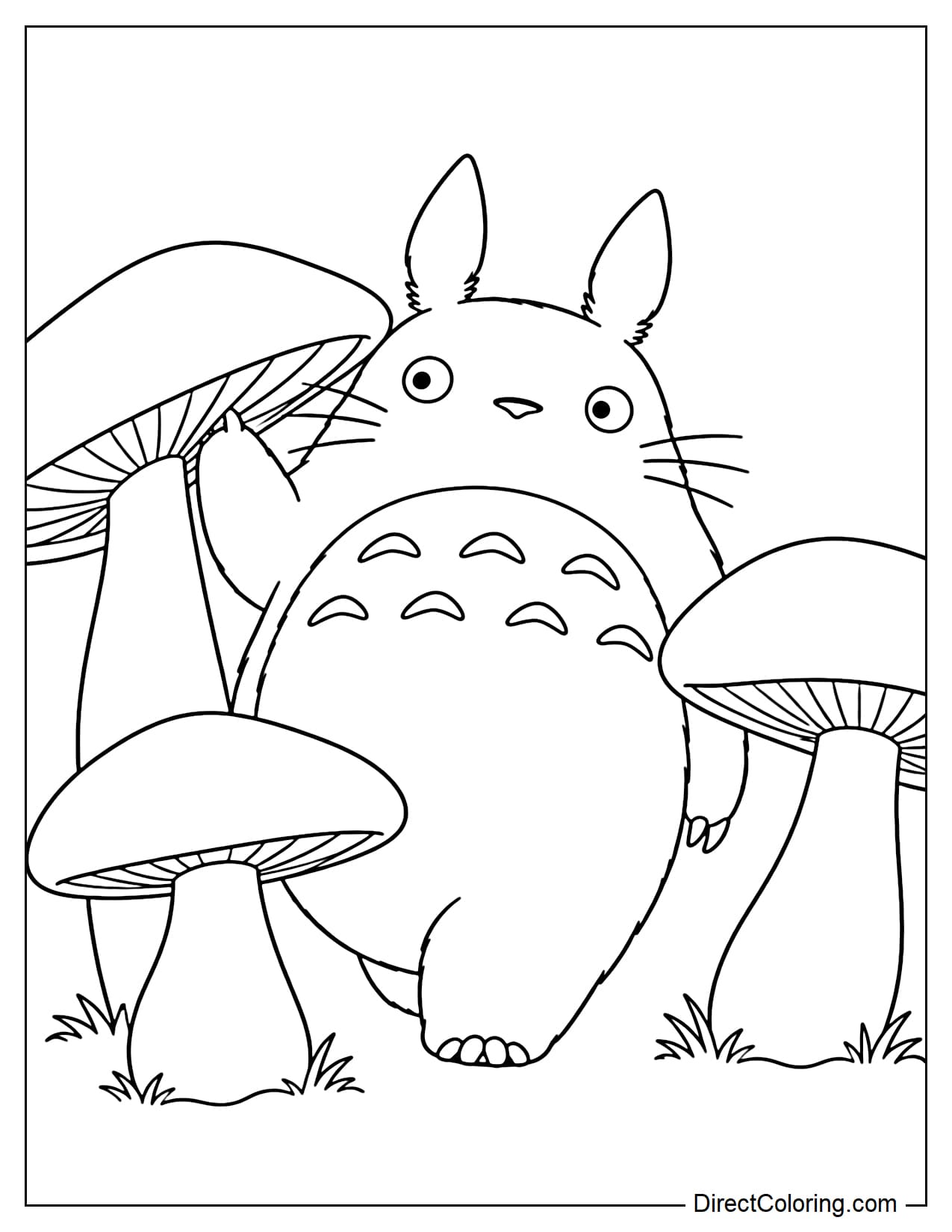 Totoro walks between three giant mushrooms that reach nearly to his belly, gently pushing one mushroom cap aside with his hand.