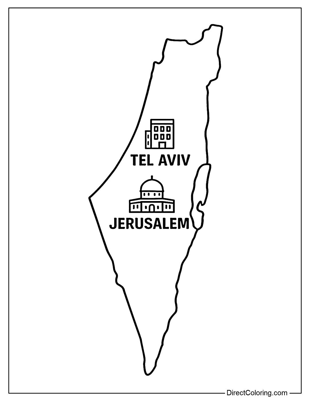 Coloring page of a simple map of Israel with symbols of Tel Aviv and Jerusalem.
