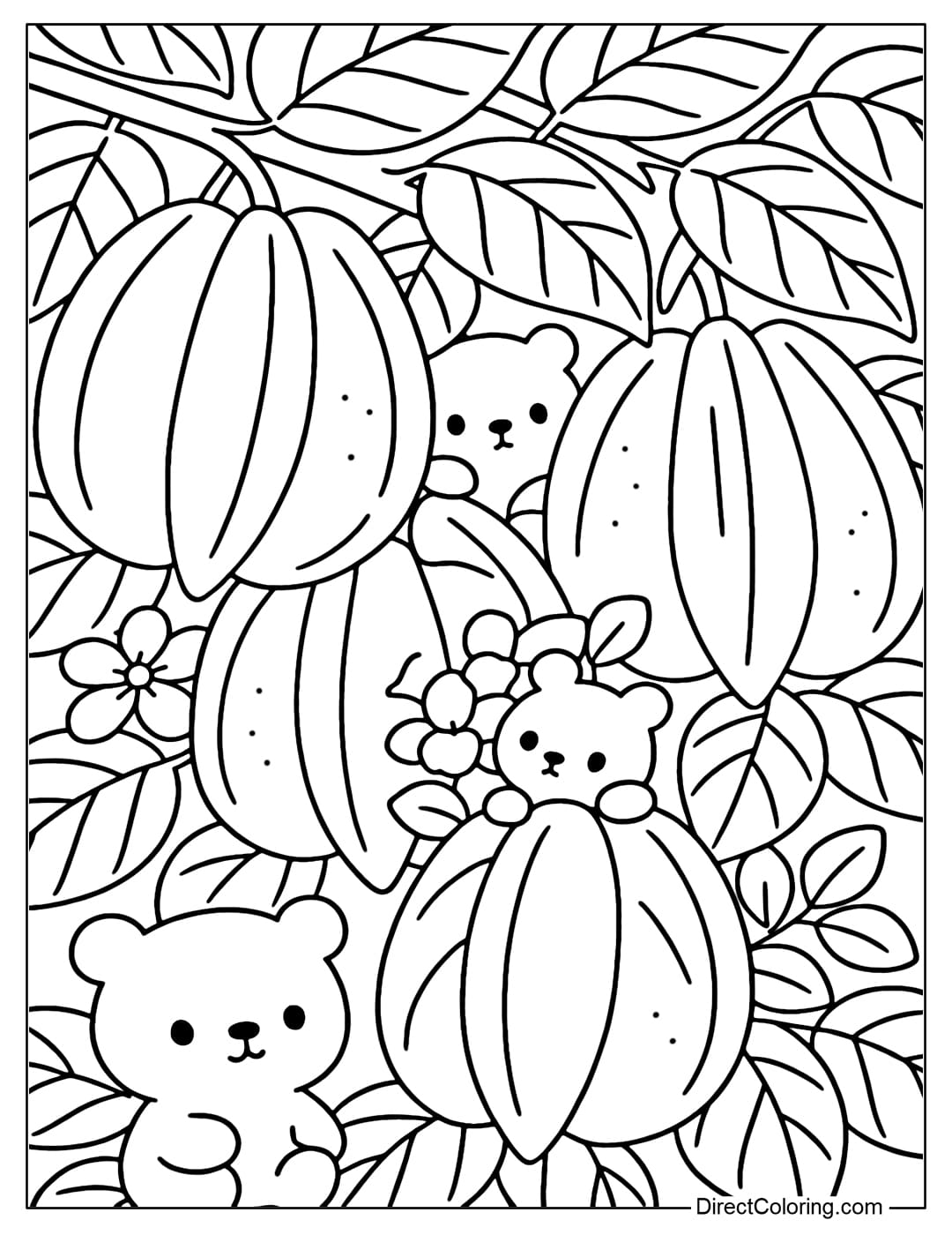 A giant star fruit garden coloring page, bright yellow fruit hanging like stars, lush green leaves. Three tiny bears hide behind the star fruit.