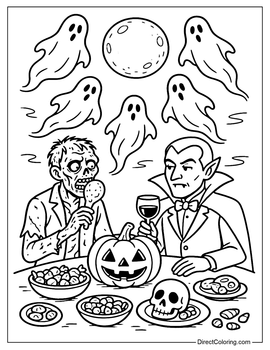 A zombie and vampire coloring page sitting at a party table under the moonlight, surrounded by ghosts flying in circles, the table is filled with Halloween food such as pumpkins, candy, and skull cakes.