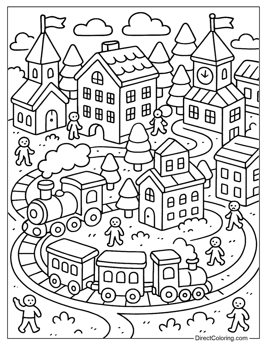 A miniature city with toy-like buildings, a spinning train, and tiny people