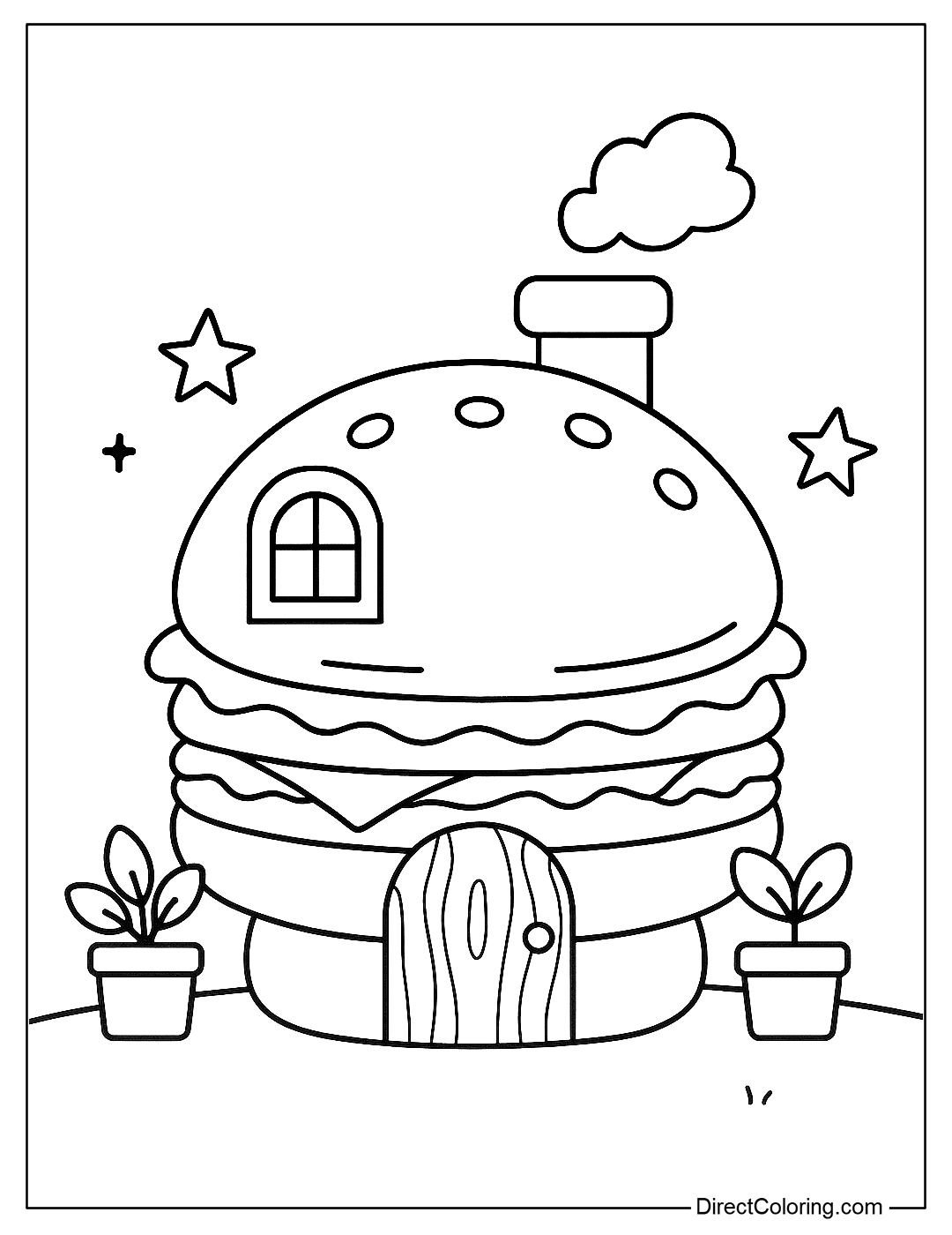 a coloring page of a hamburger house with windows, chimneys and bonsai