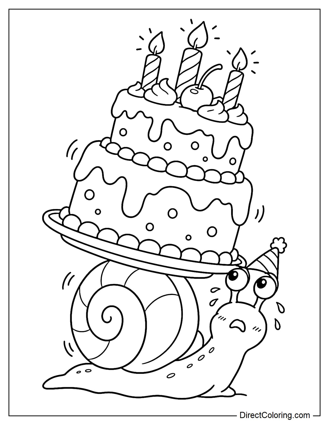 A snail trying to balance a giant two-tier birthday cake on a round tray resting on its shell. The cake has three large candles and a cherry on top.