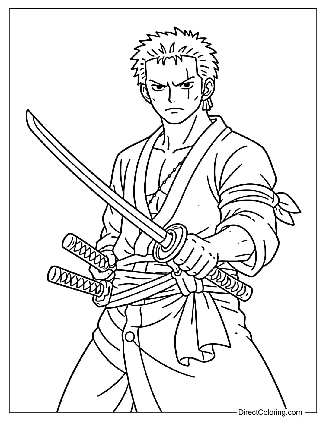 Roronoa Zoro stood ready for battle with a serious expression.