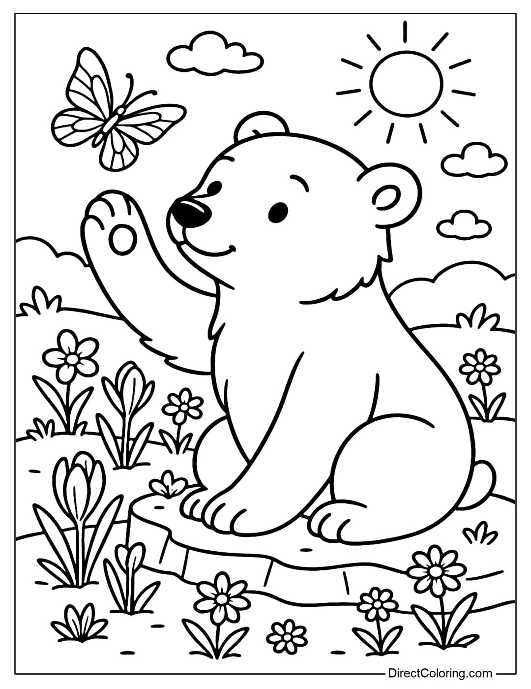 Coloring page of a polar bear in a bright spring scene, small flowers growing around the ice.