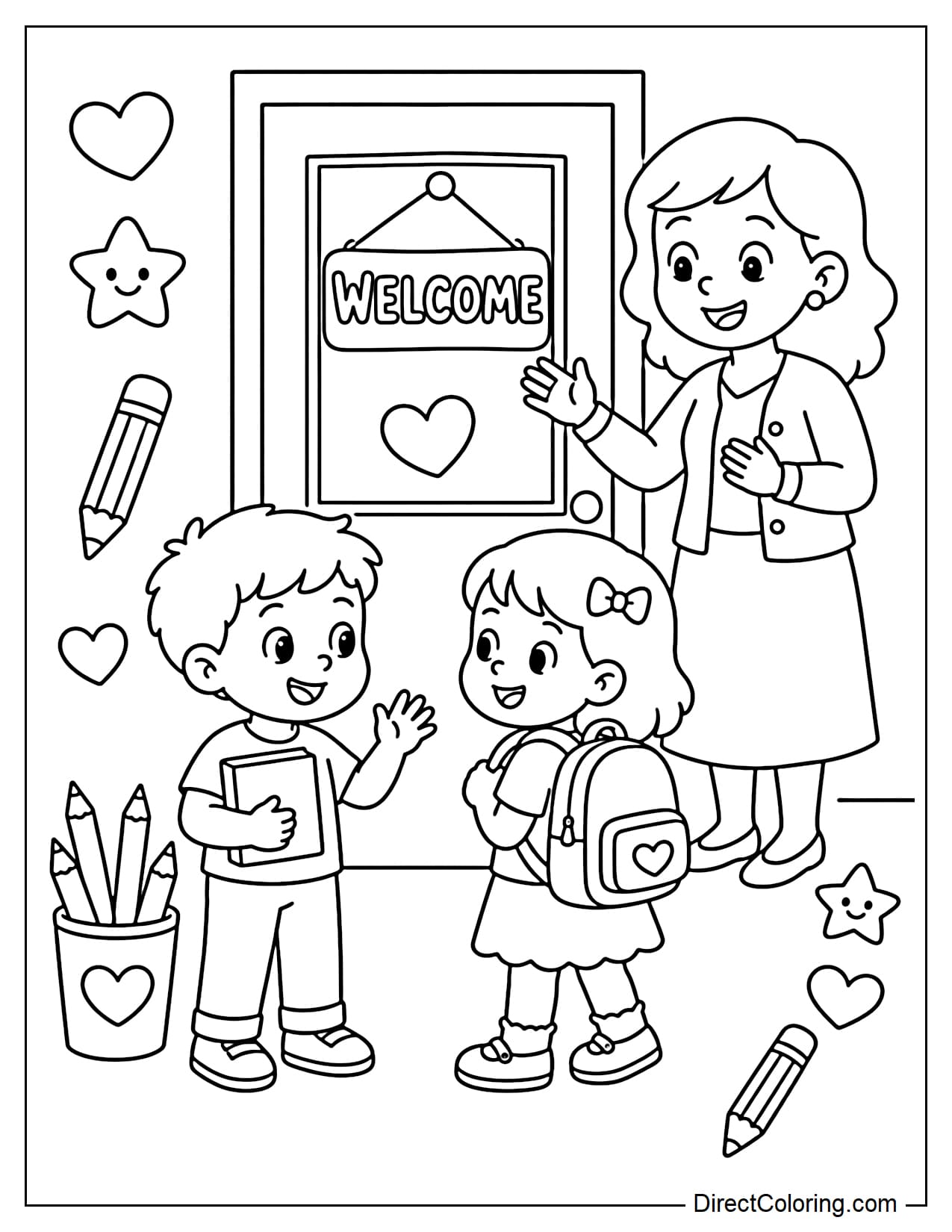 Two little friends meet at the classroom door on their first day of school, one holding a book, the other wearing a backpack, the teacher standing near the door smiling and welcoming them.