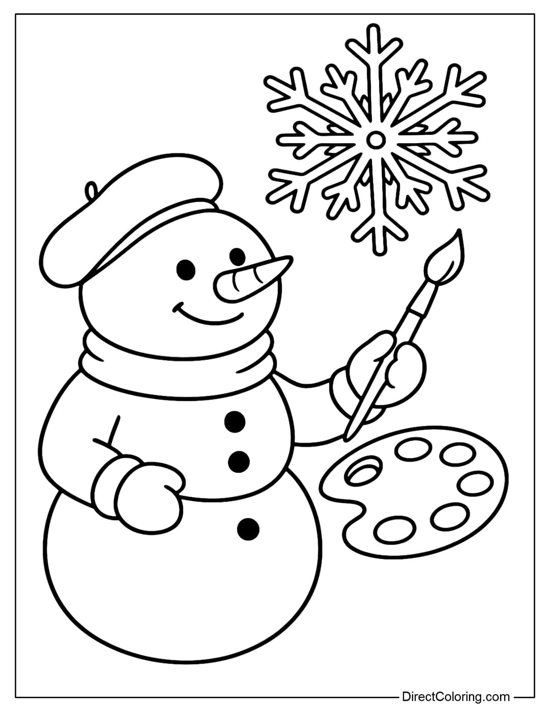 A painter snowman coloring page with a palette and a paintbrush, coloring a giant snowflake flying in the air.