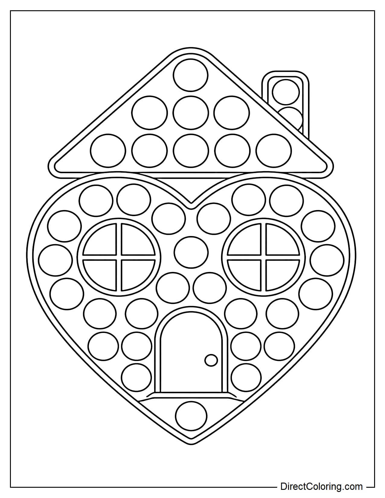 A pop-it in the shape of a small house with a large heart-shaped body, a simple roof, and round bubbles arranged evenly throughout the shape.
