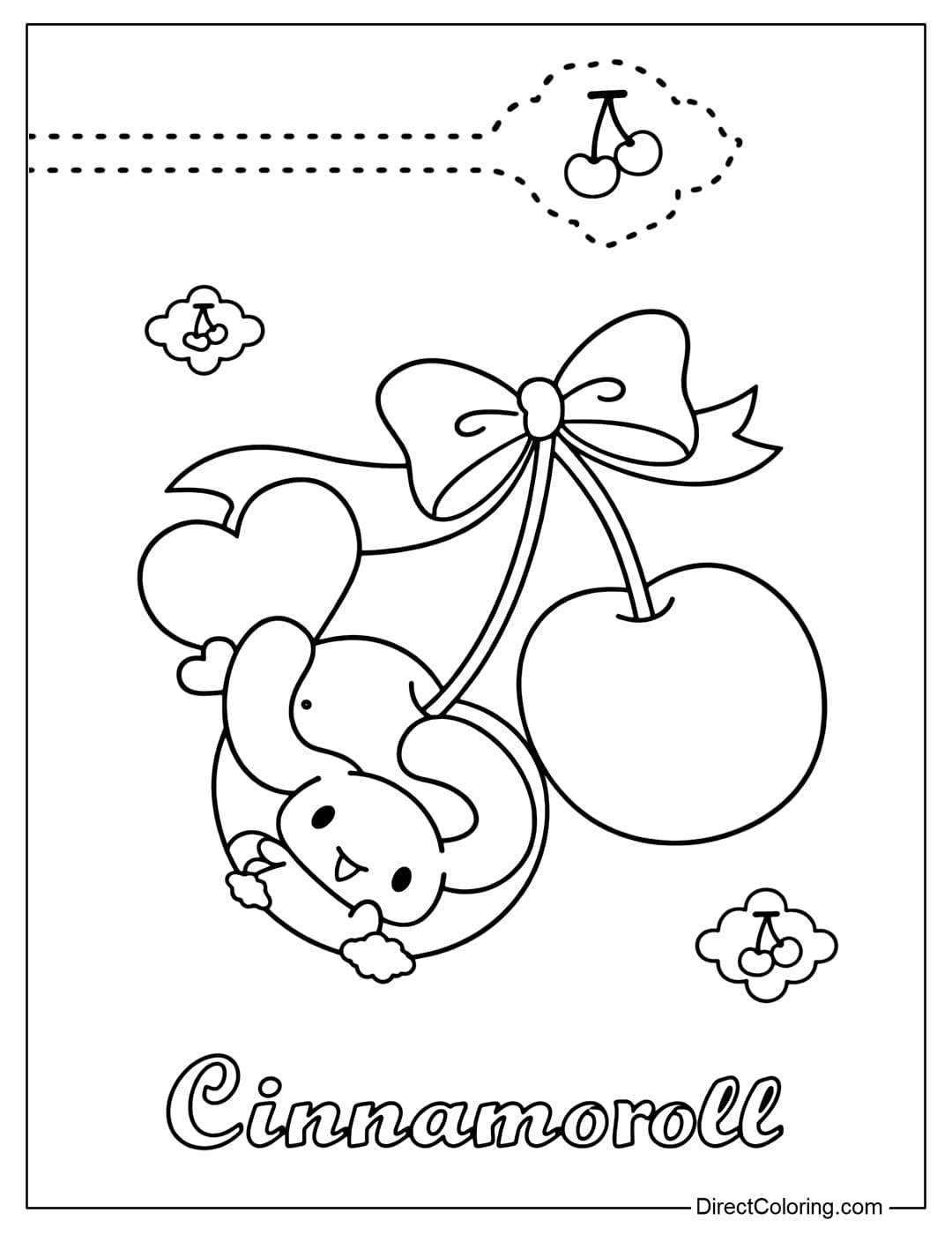 A playful Cinnamoroll coloring page where she clings to a pair of giant cherries tied with pretty bows.