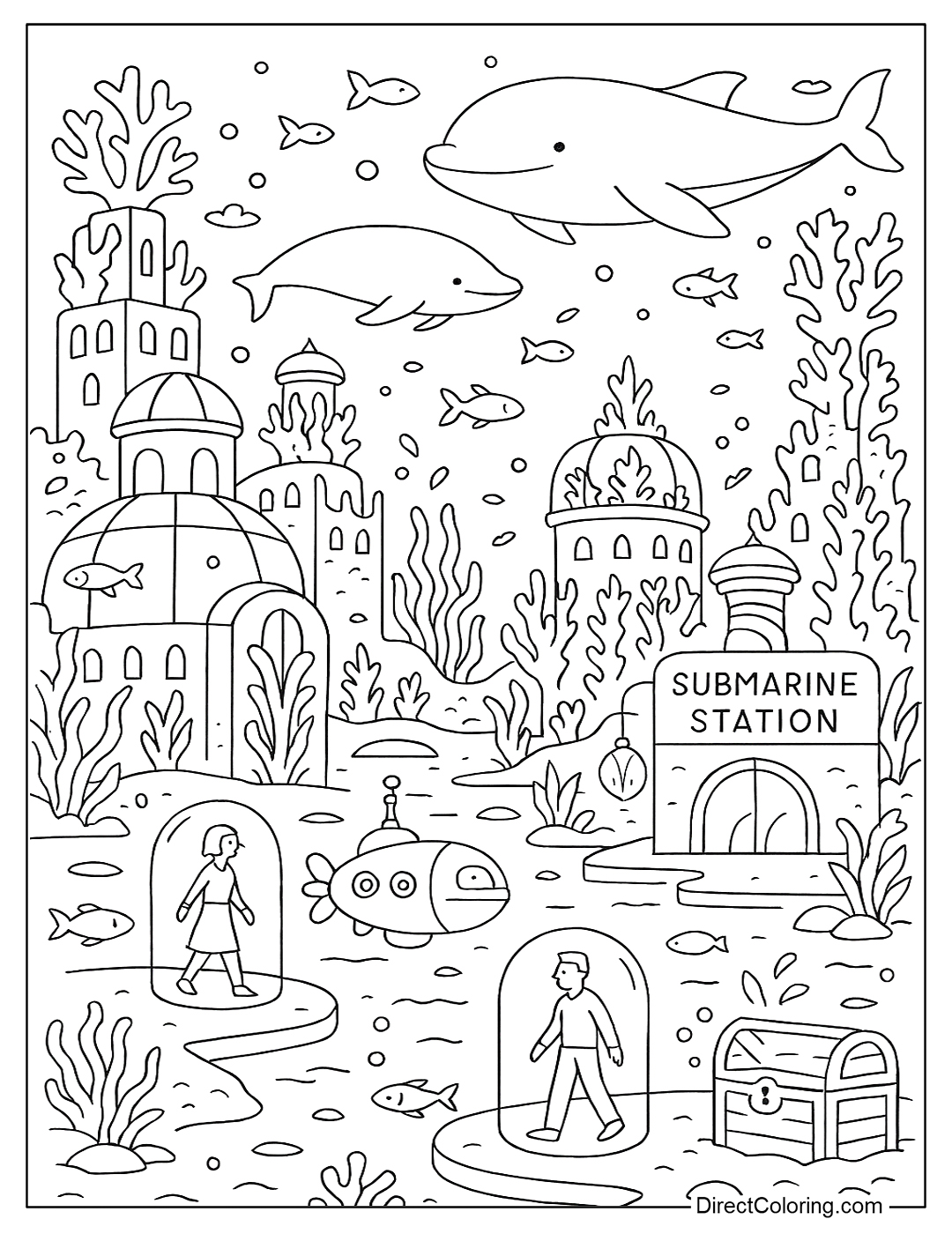 An underwater city with coral buildings, glass domes, and whales swimming coloring page