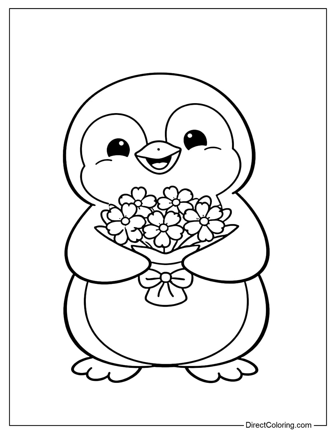 A coloring page of a penguin holding a small bouquet of flowers with its two wings, smiling in a friendly way.