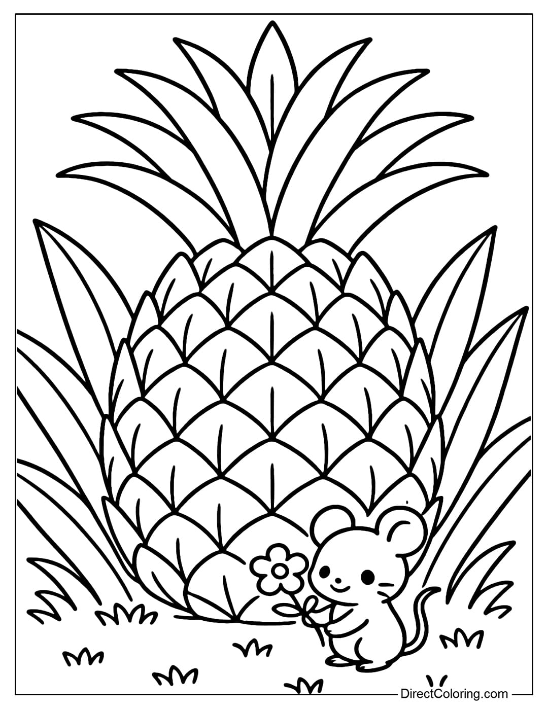 A giant pineapple garden coloring page, the pineapple is as big as a tower, the long leaves spread out to provide shade. A little mouse brings flowers to decorate the pineapple roots.