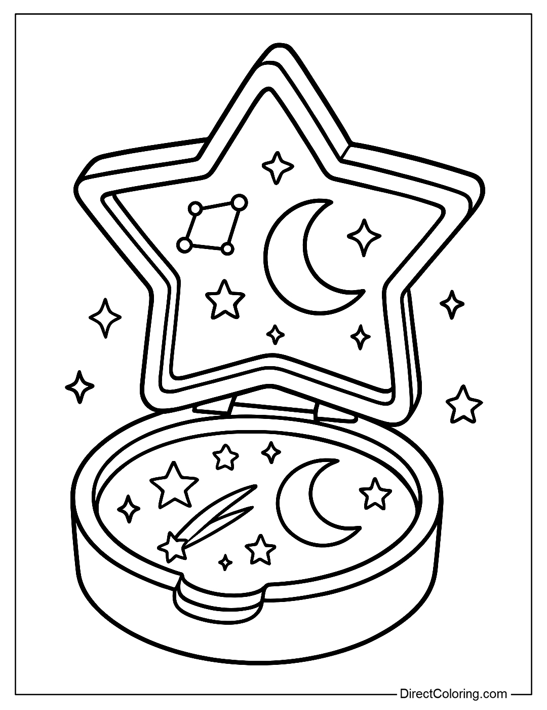 a Star Compact Coloring Page that opens up the night sky with shooting stars, constellations and the moon