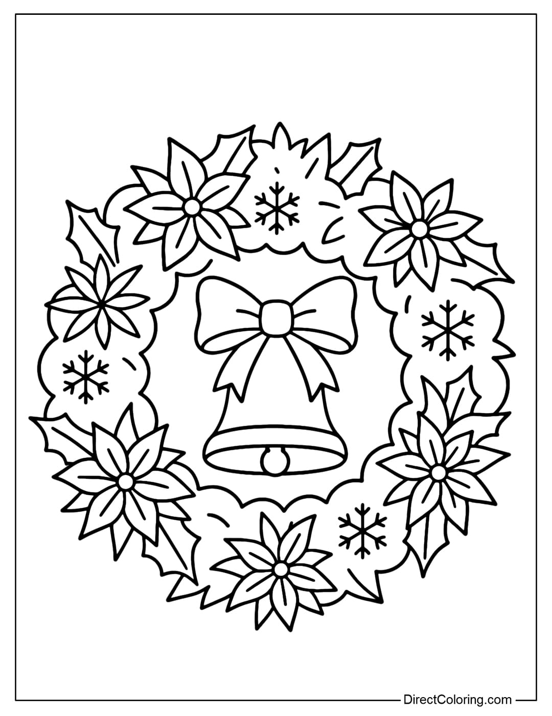 Bell and Flower Snow Wreath Coloring Page The laurel wreath coloring page combines pointed leaves and poinsettia flowers, alternating snowflakes, in the middle of the wreath is a large bell tied with a bow.