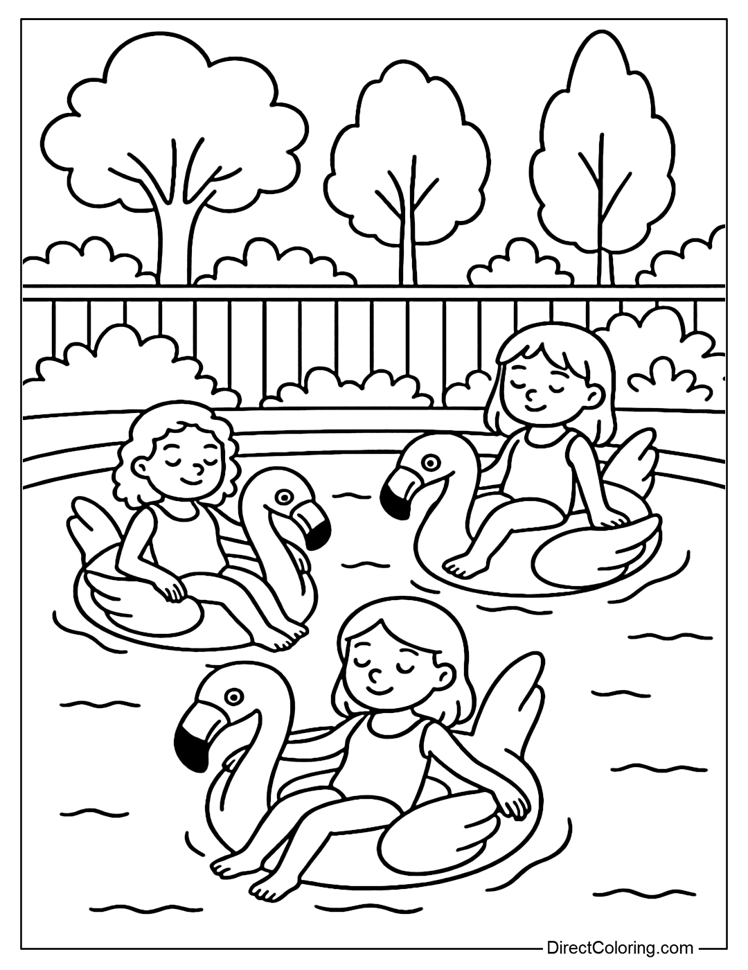 Coloring page of a group of girls relaxing on a pink flamingo float in a backyard swimming pool full of trees.