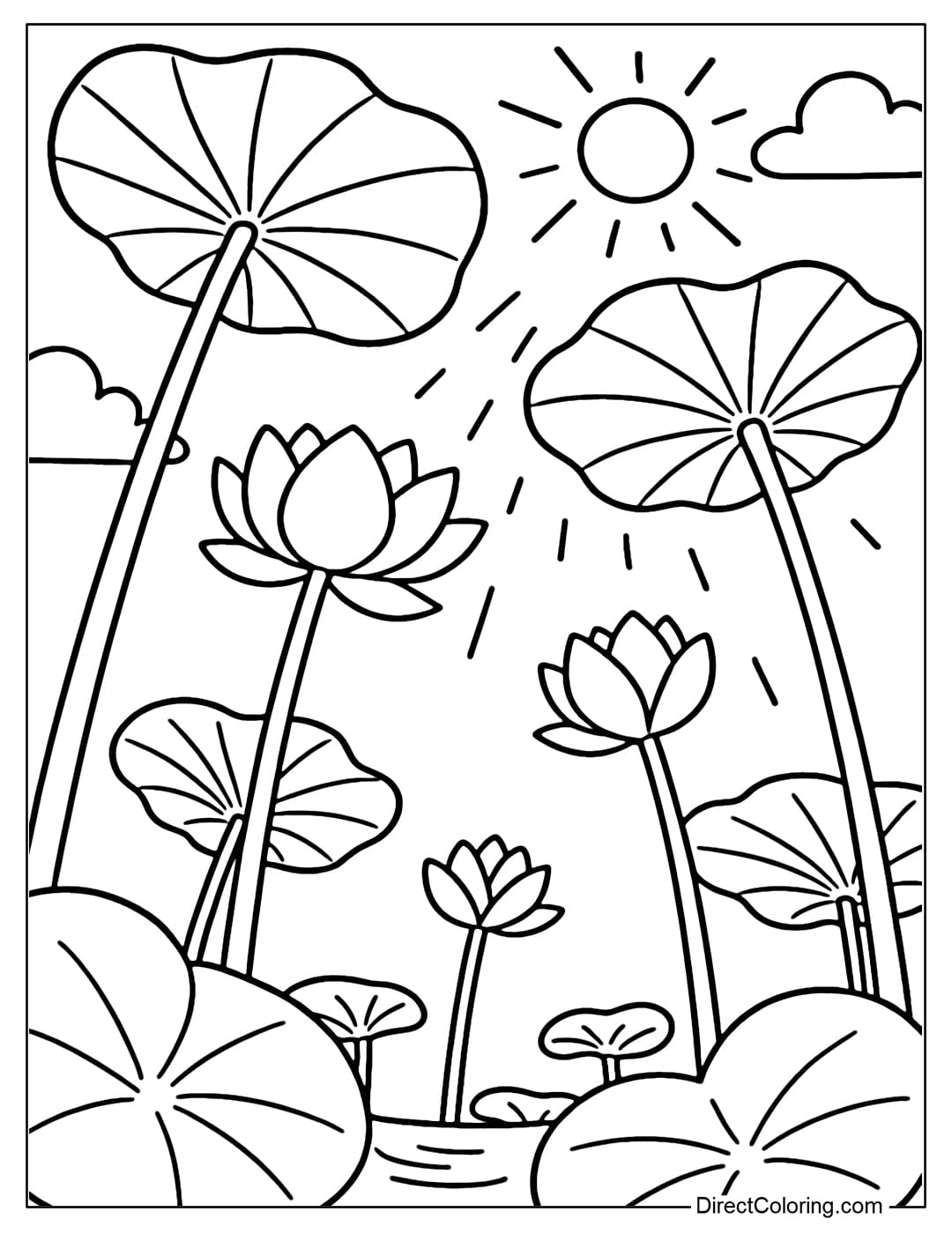 A coloring page looking up from the bottom of the pond, a long lotus stalk reaching high, large leaves covering the sky, a few pink lotus flowers blooming, and sunlight shining down.