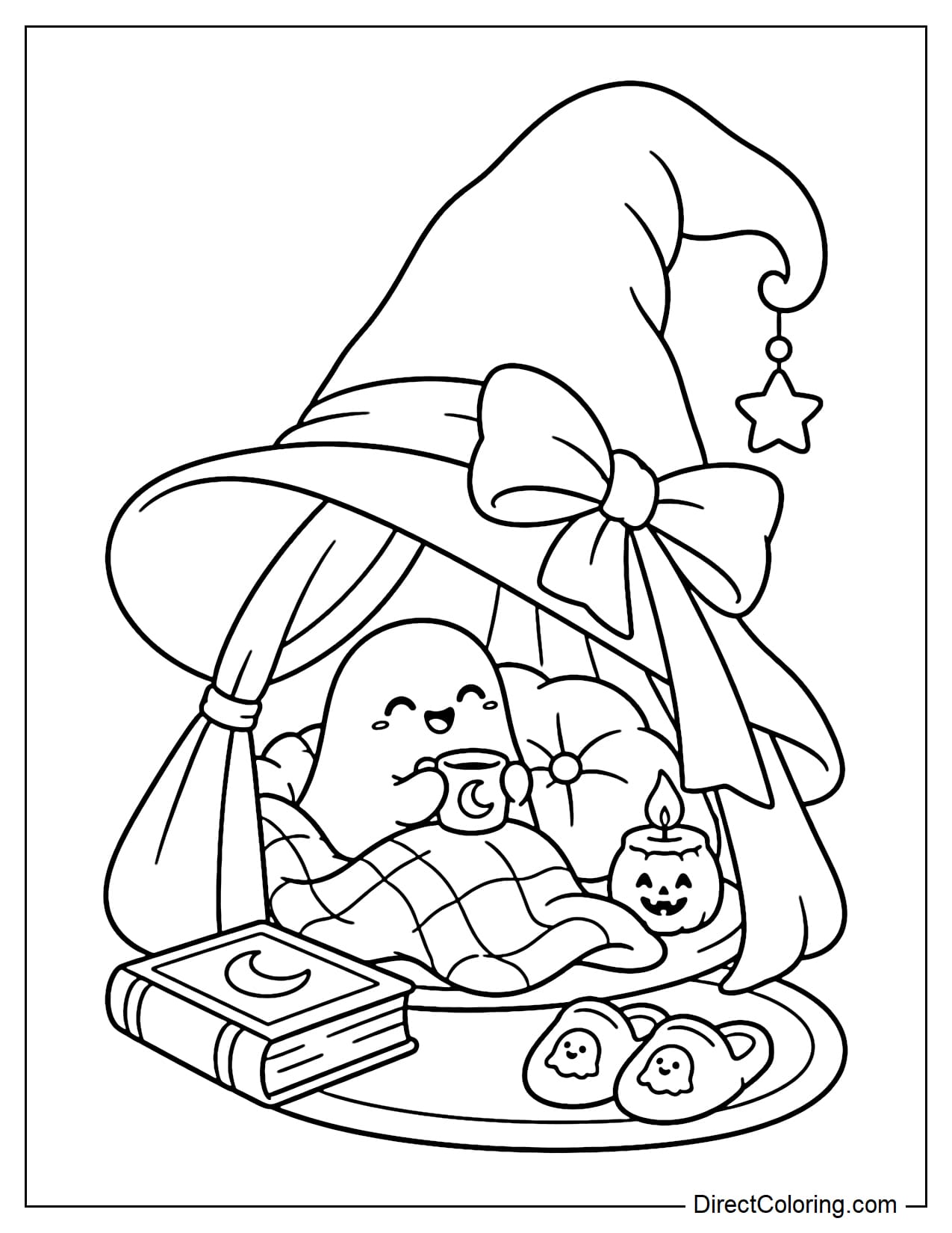 A cute little ghost sits inside a giant witch hat with a bow. The inside of the brim forms a tiny tent-like hideaway with a folded blanket, a round pillow, and a small pumpkin candle. A pair of tiny slippers and a large book sit outside the entrance.