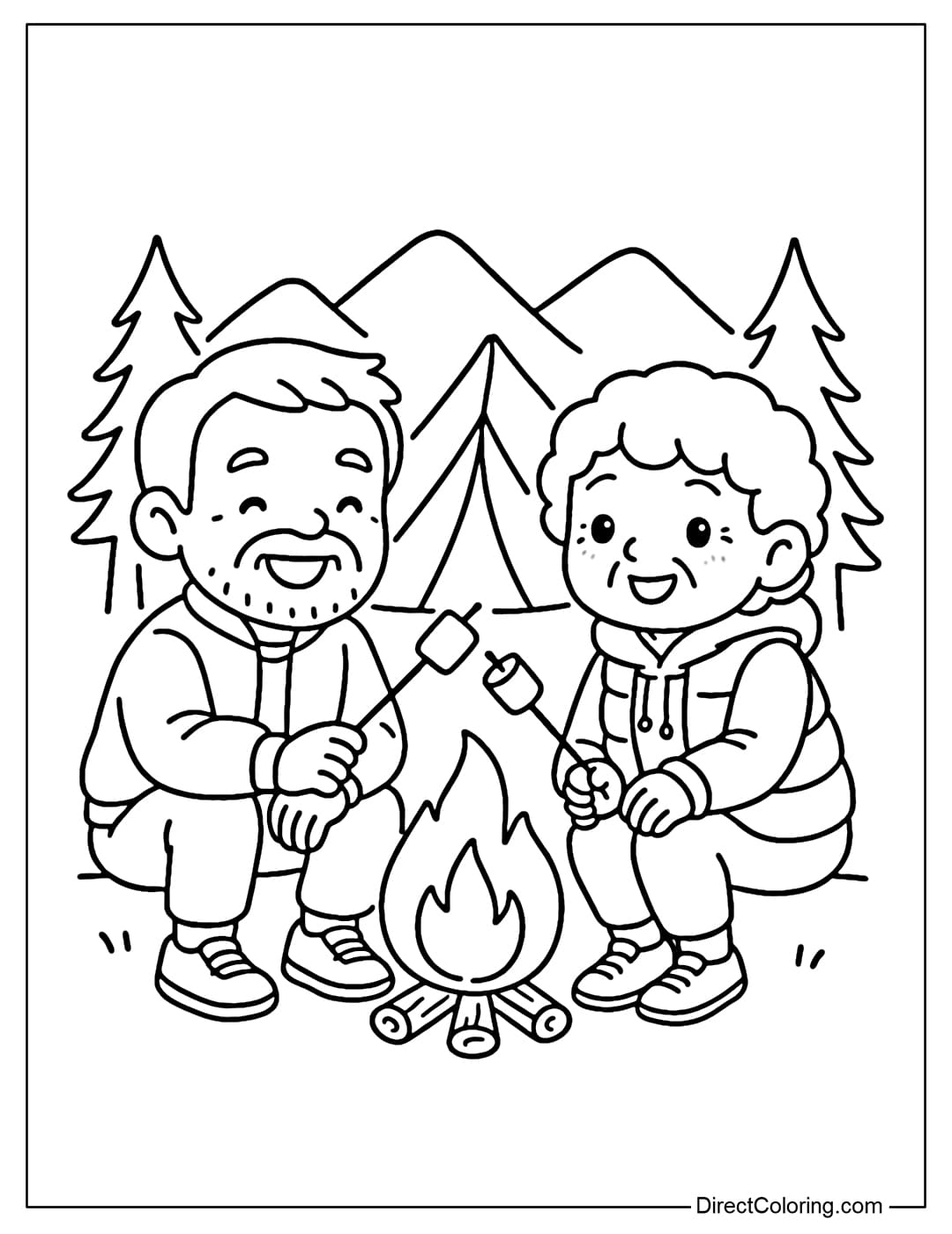 Coloring page of grandparents sitting by a campfire, roasting marshmallows, with a tent and mountains in the background.