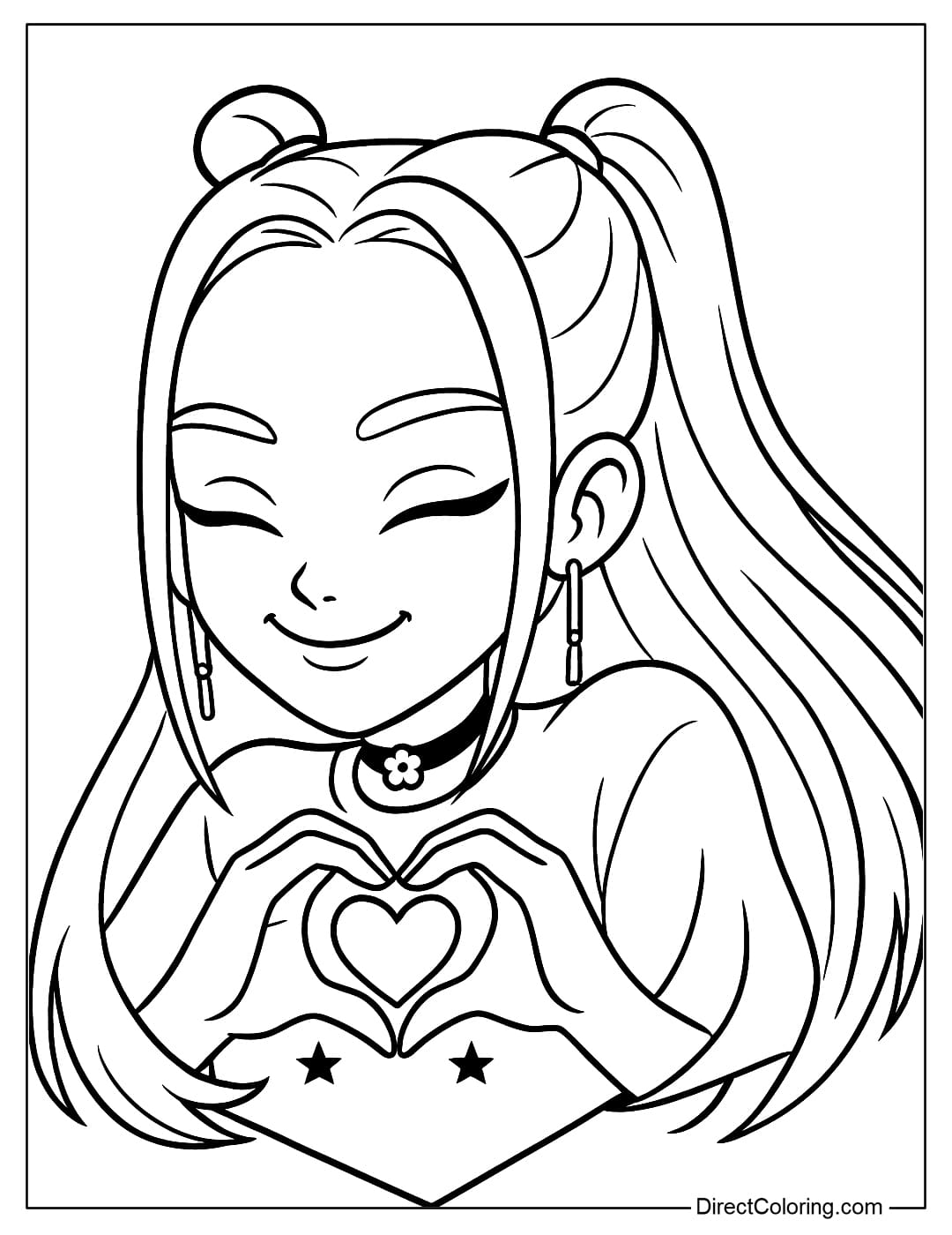 Mira coloring page from Kpop Demon Hunters is making a heart shape with her hands, combining cuteness and personality.