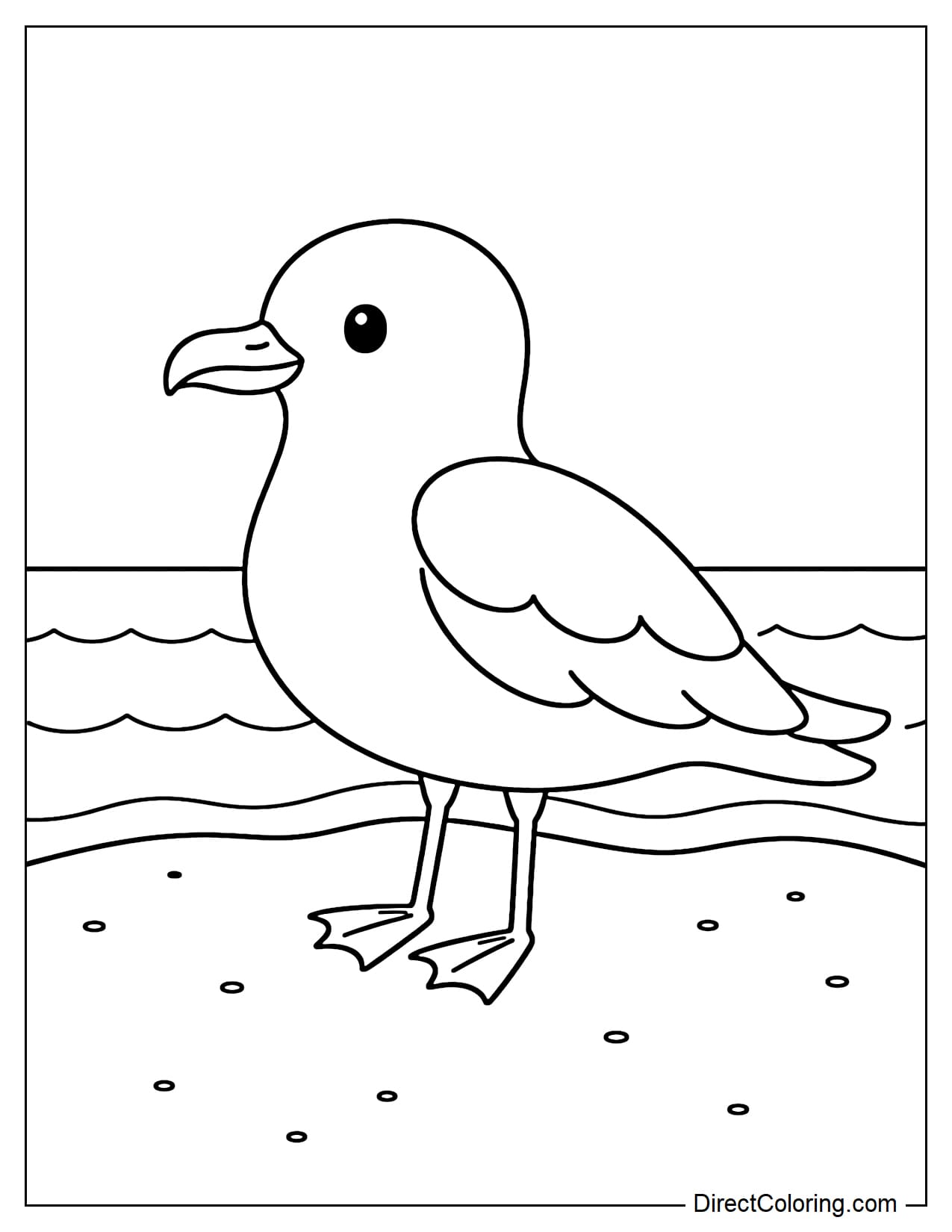 A seagull standing on the sand, with gentle ocean waves behind it.
