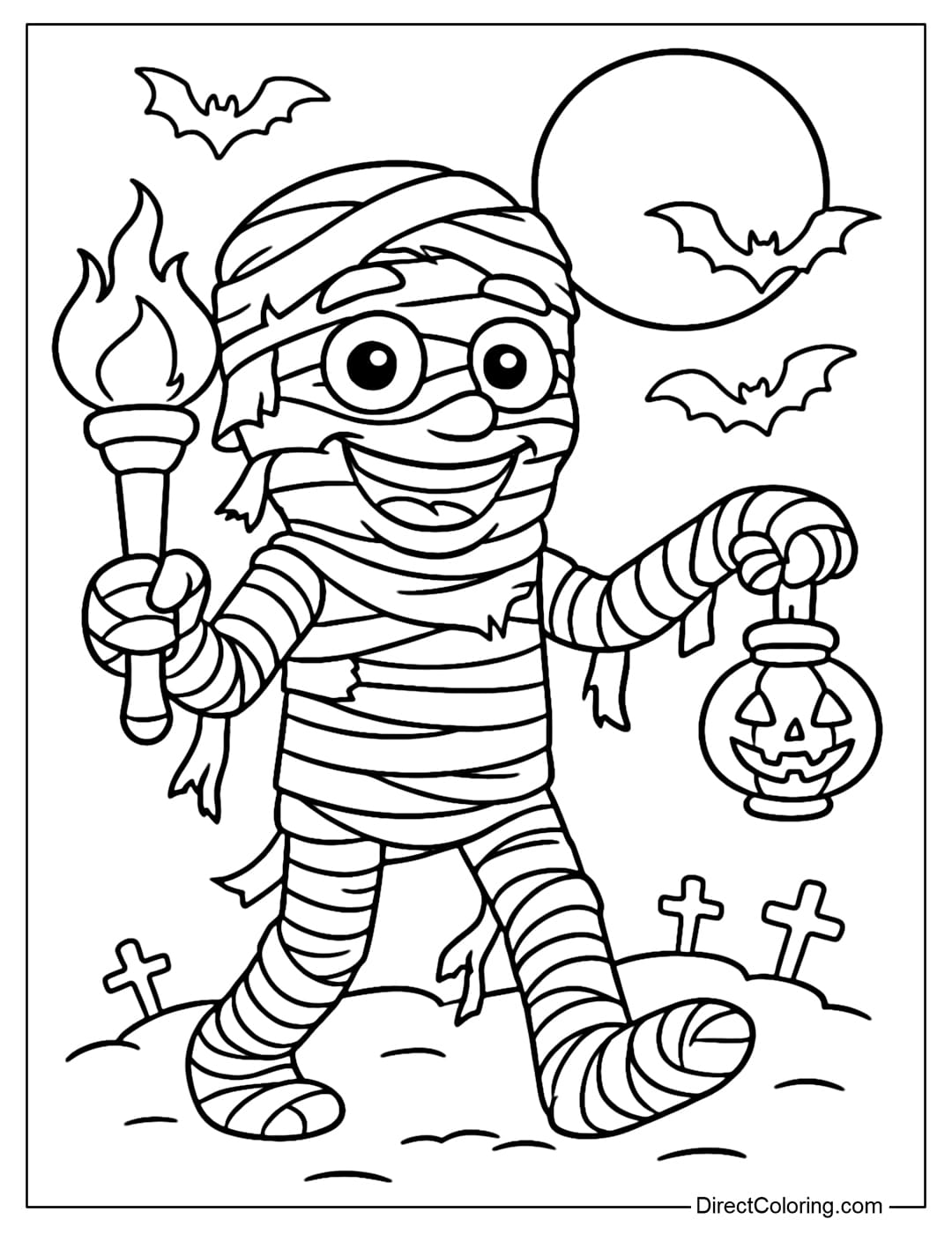 Coloring page Tung Tung Tung Sahur transforms into a funny mummy, his body is wrapped in loose white bandages.
