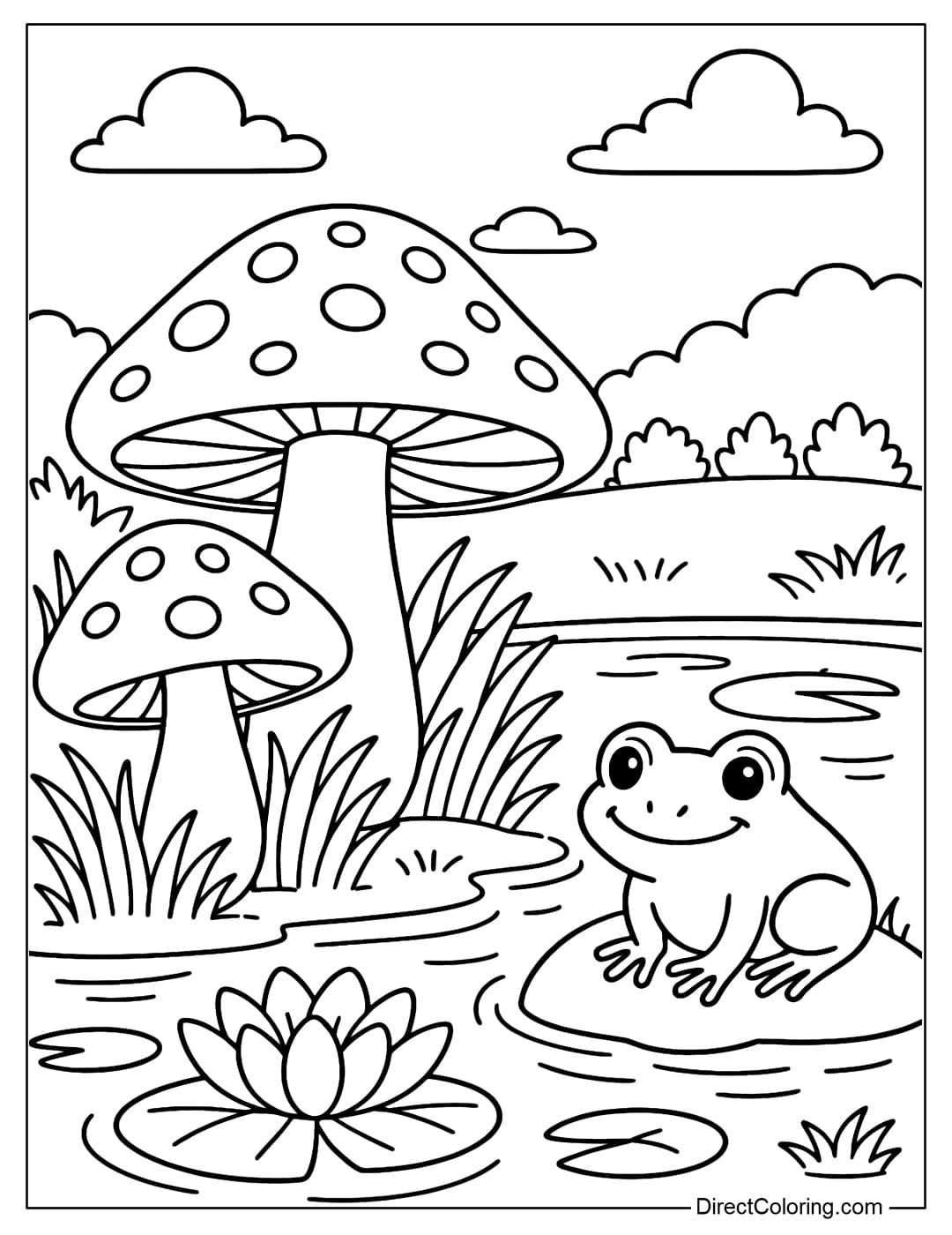 Mushroom by the Pond Coloring Page A coloring page of mushrooms growing by a small pond, with a frog sitting on a rock near the water.