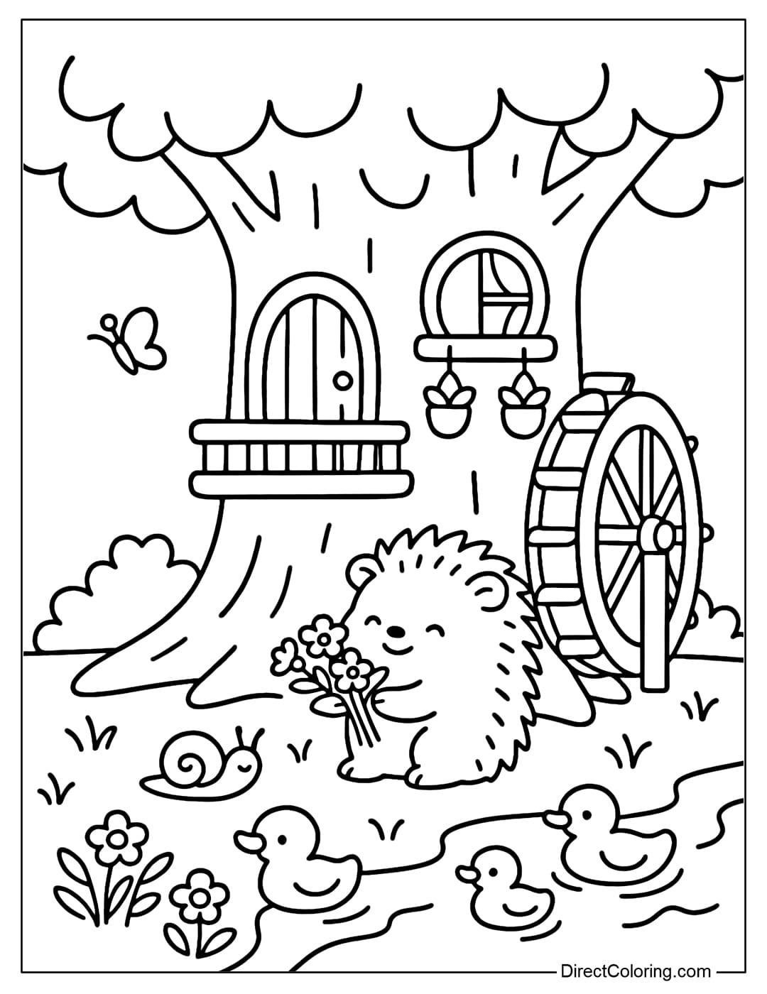 Tree Stump with Water Wheel Coloring Page A tree stump coloring page next to a small stream, with a water wheel spinning on the side of the tree stump.
