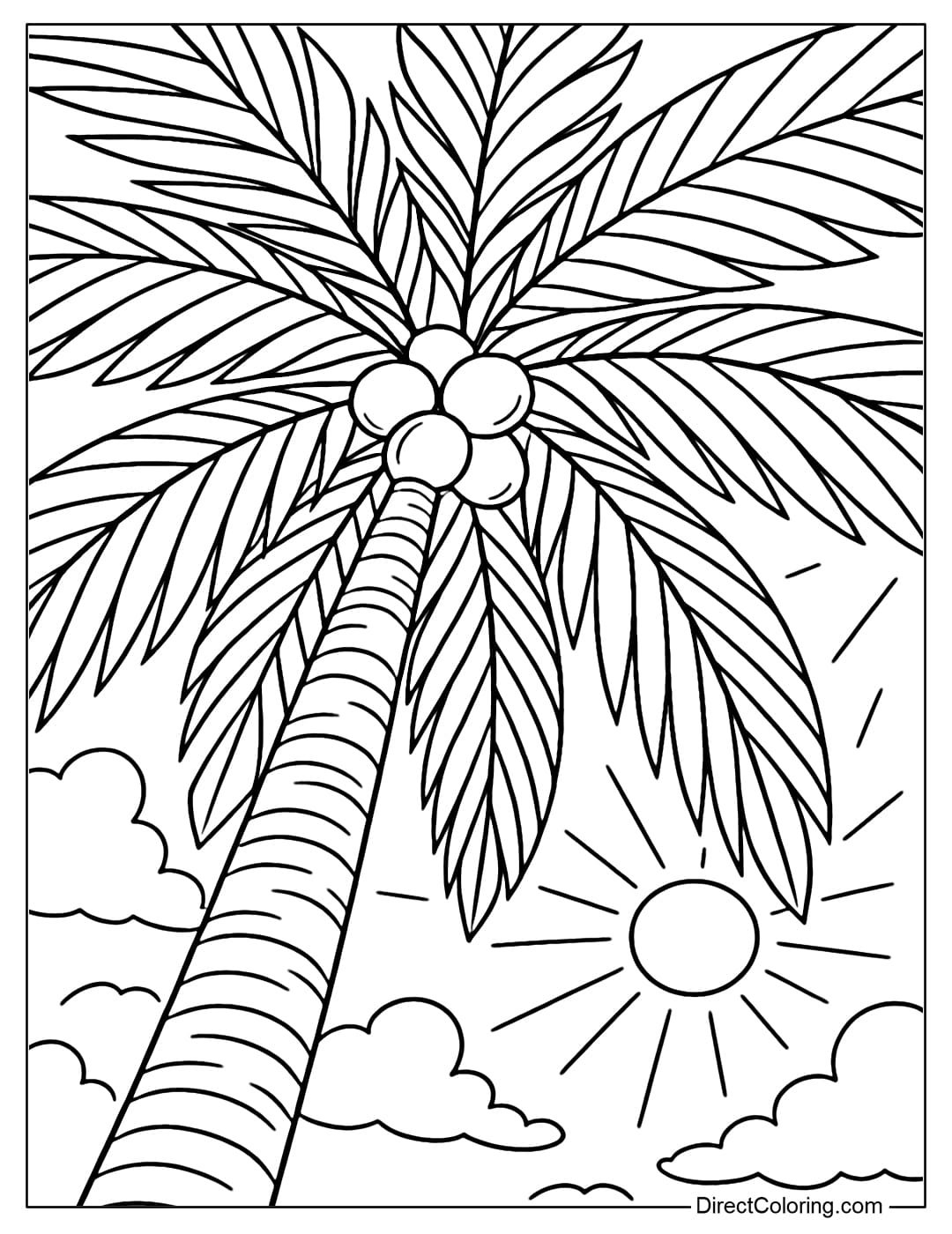 Coloring page from the beach looking up, tall coconut tree trunks close to the eyes, palm leaves spread out to cover the horizontal.