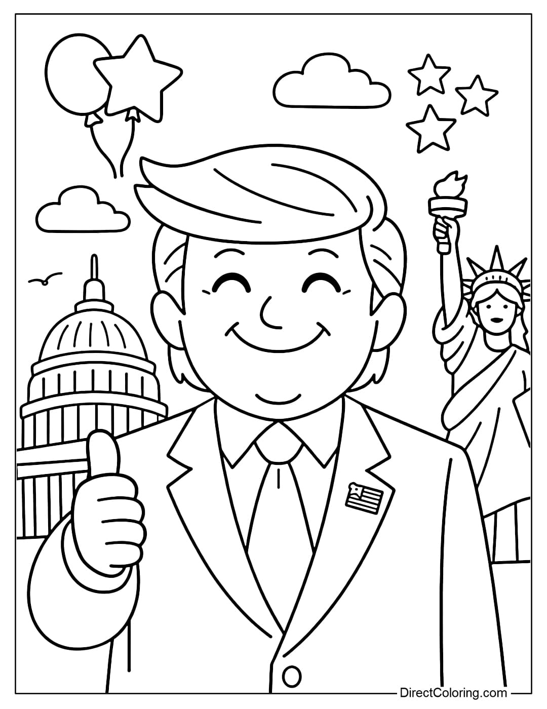 A fun Donald Trump coloring page for children with a happy smile.