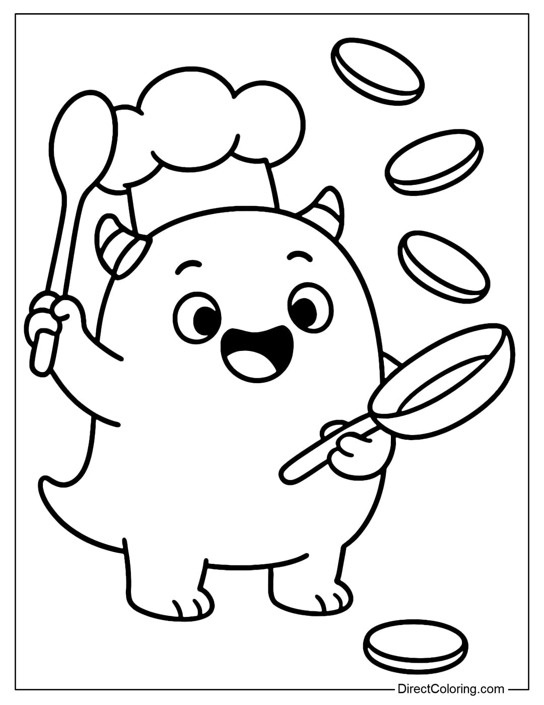Funny monster coloring page wearing a chef's hat, holding a spoon and a pan, dropping some cakes.