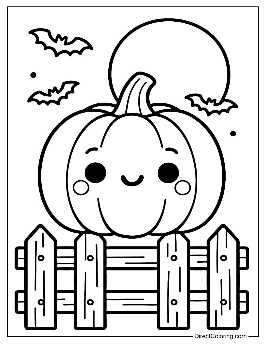 A pumpkin coloring page placed on a wooden fence, behind which is a full moon and a few small bats flying by.