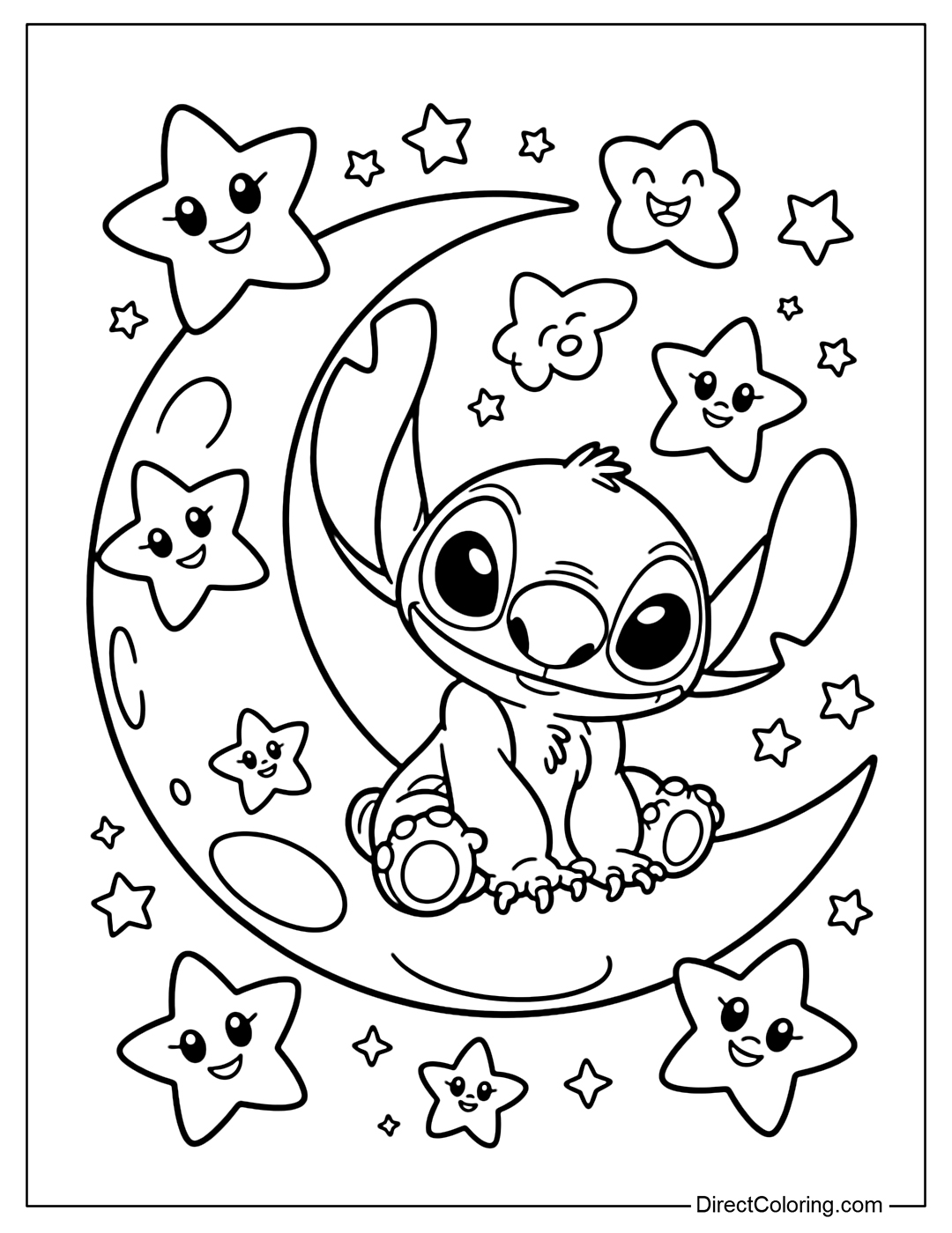 Stitch Coloring Page sitting quietly on the crescent moon, surrounded by smiling stars.