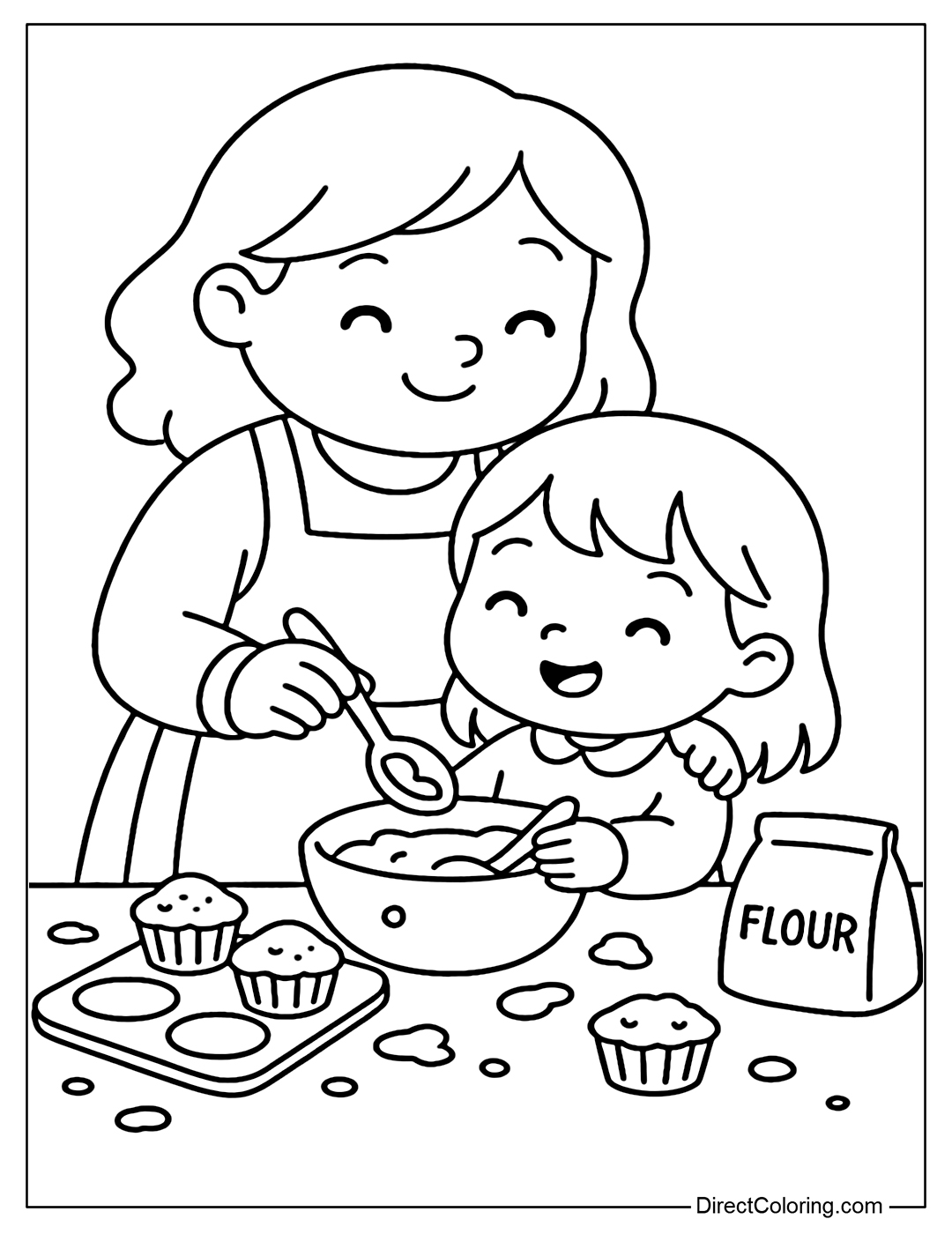 Coloring page of mother and child making cupcakes together, the cake batter is scattered cutely all over the table.