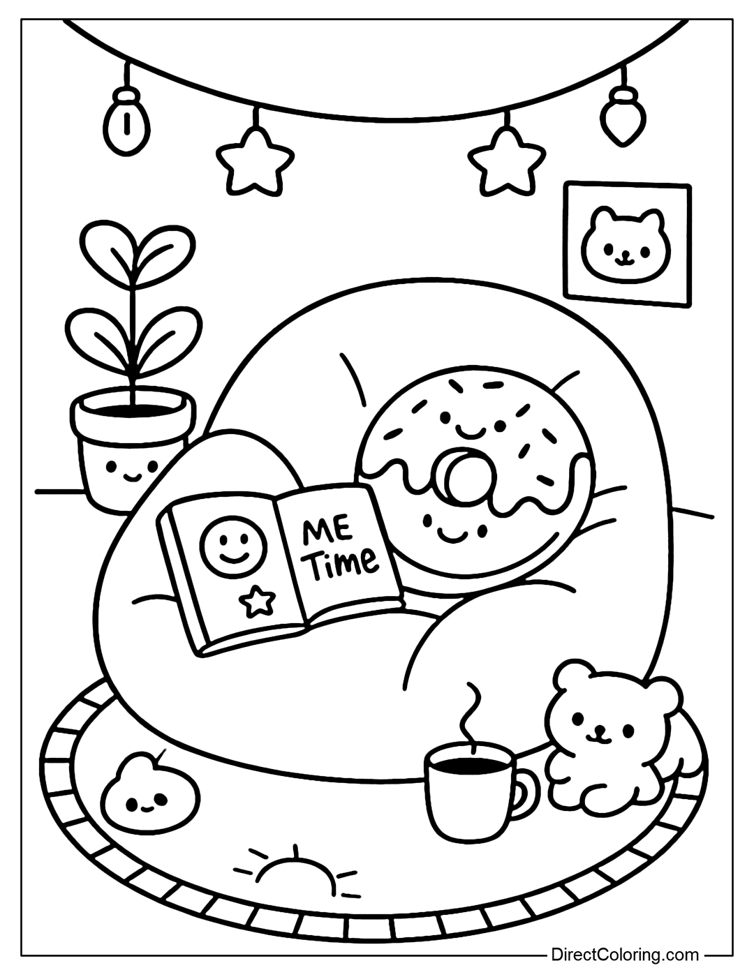 Relaxing corner coloring page: bean bag chair, small tree, string lights, donut pillow and open notebook.