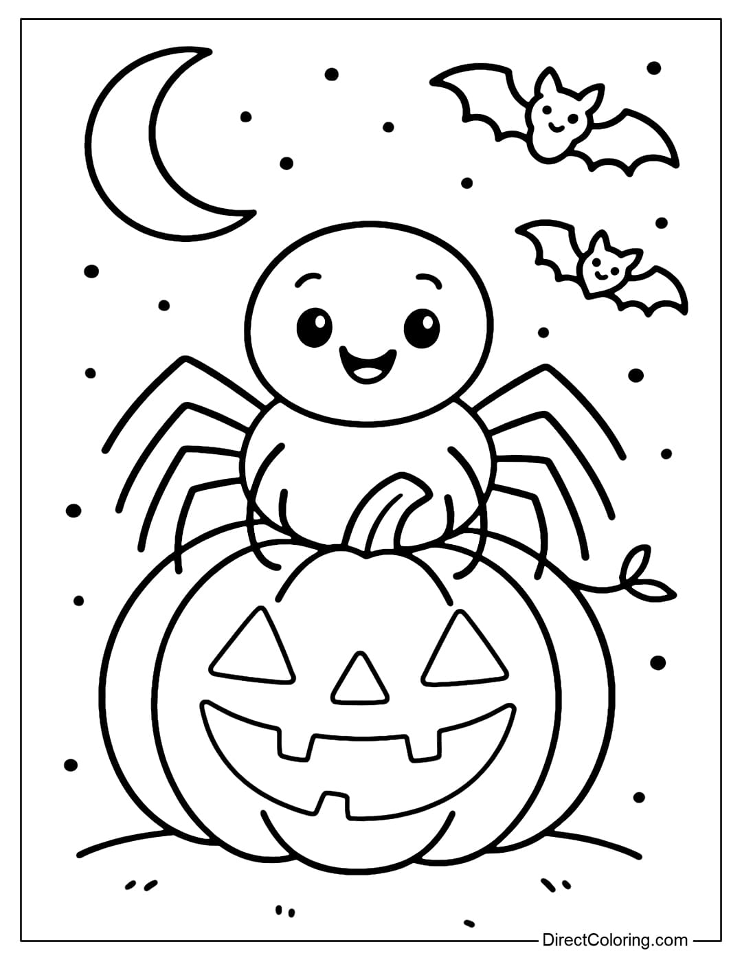 A coloring page of a happy spider sitting on a big pumpkin, a humorous Halloween atmosphere.
