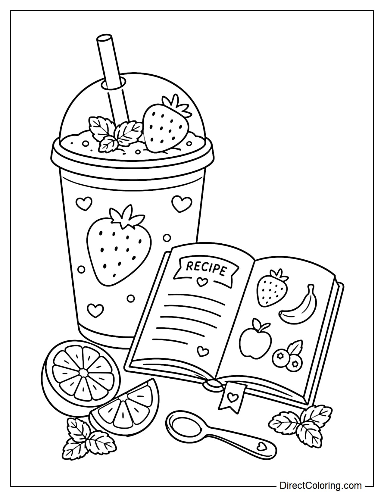A large strawberry smoothie sits next to an open recipe book with some simple fruit shapes inside. There are a slice of orange, a mint leaf, and a small spoon around it.