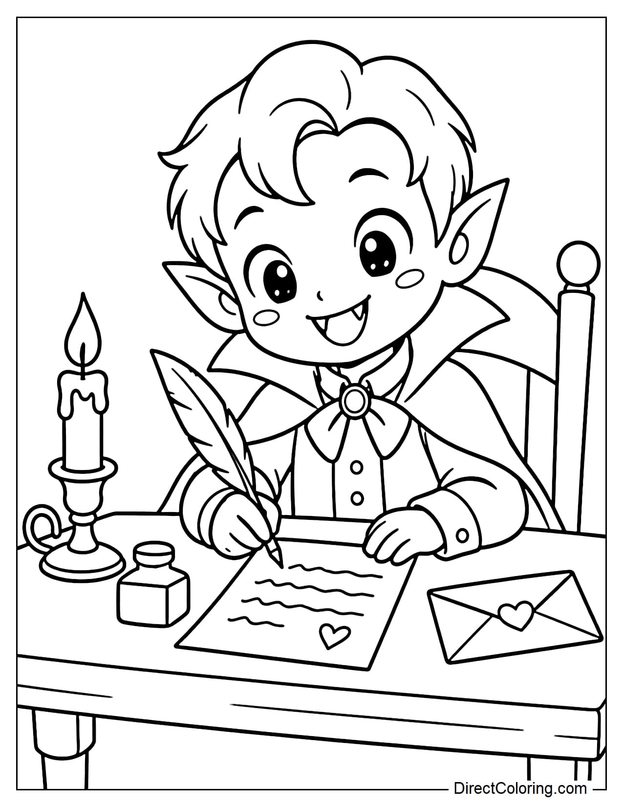 A small vampire is sitting at a writing desk and using a feather quill to write a letter, with an envelope, a small ink bottle, and a candlestick beside him.