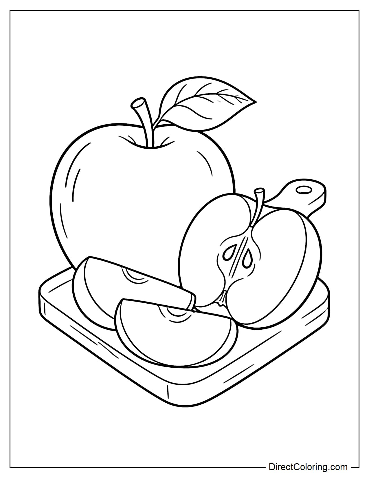 A large whole apple resting on a simple wooden cutting board, with an apple half showing the core beside it and two large apple slices in front.