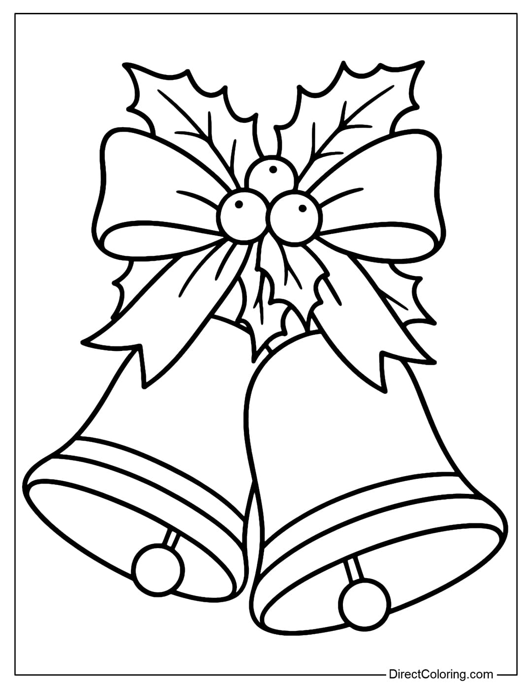 A classic Christmas bell coloring page with two large bells, a bow on top, some holly leaves and berries.