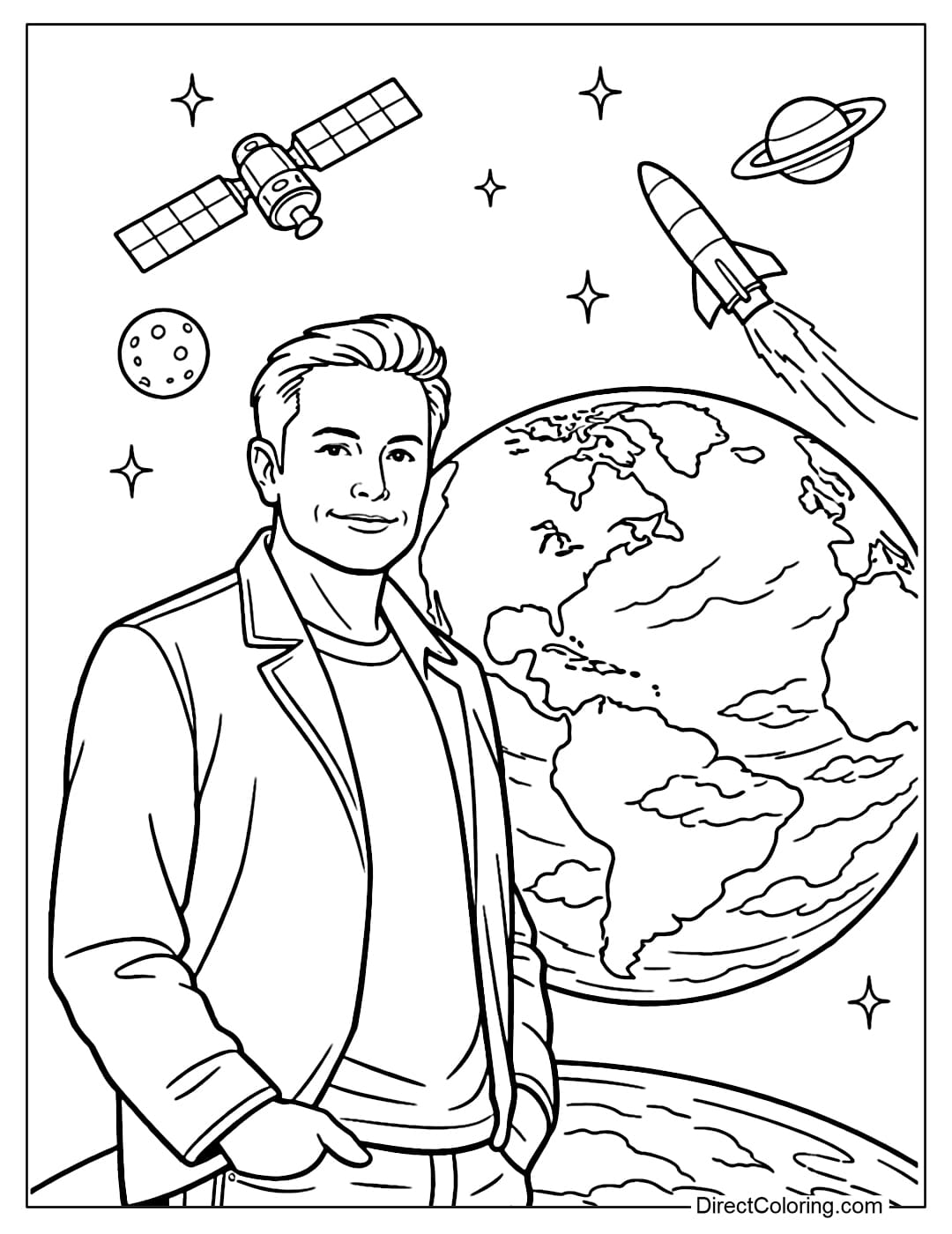 A coloring page of Elon Musk standing next to Earth as seen from space, showcasing his global vision.