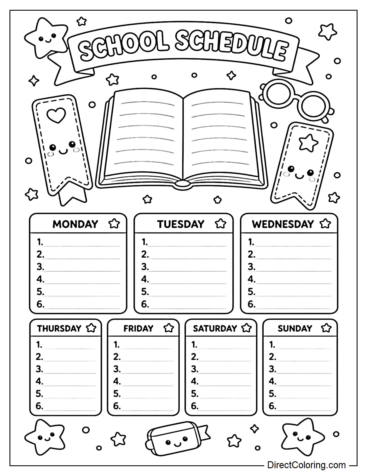 A timetable featuring a large open book, surrounded by reading glasses, cute little stars and bookmarks, along with weekly class schedules.