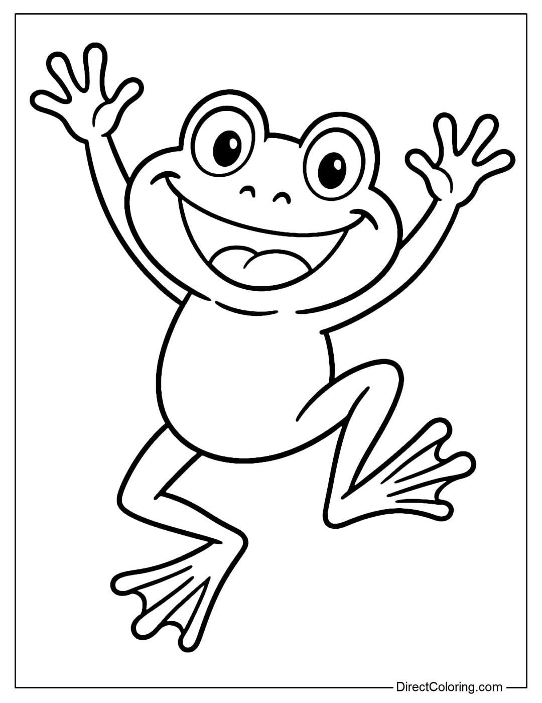 A jumping frog coloring page with a big smile, raising its hands as if celebrating victory.