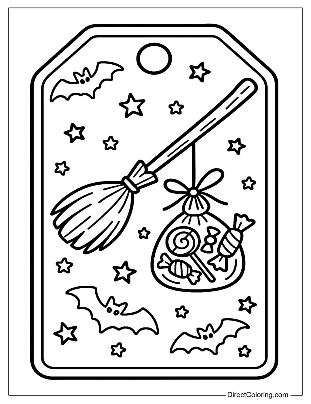 A Halloween candy tag coloring page with a witch broom flying across, a cute little candy bag hanging on the broom.