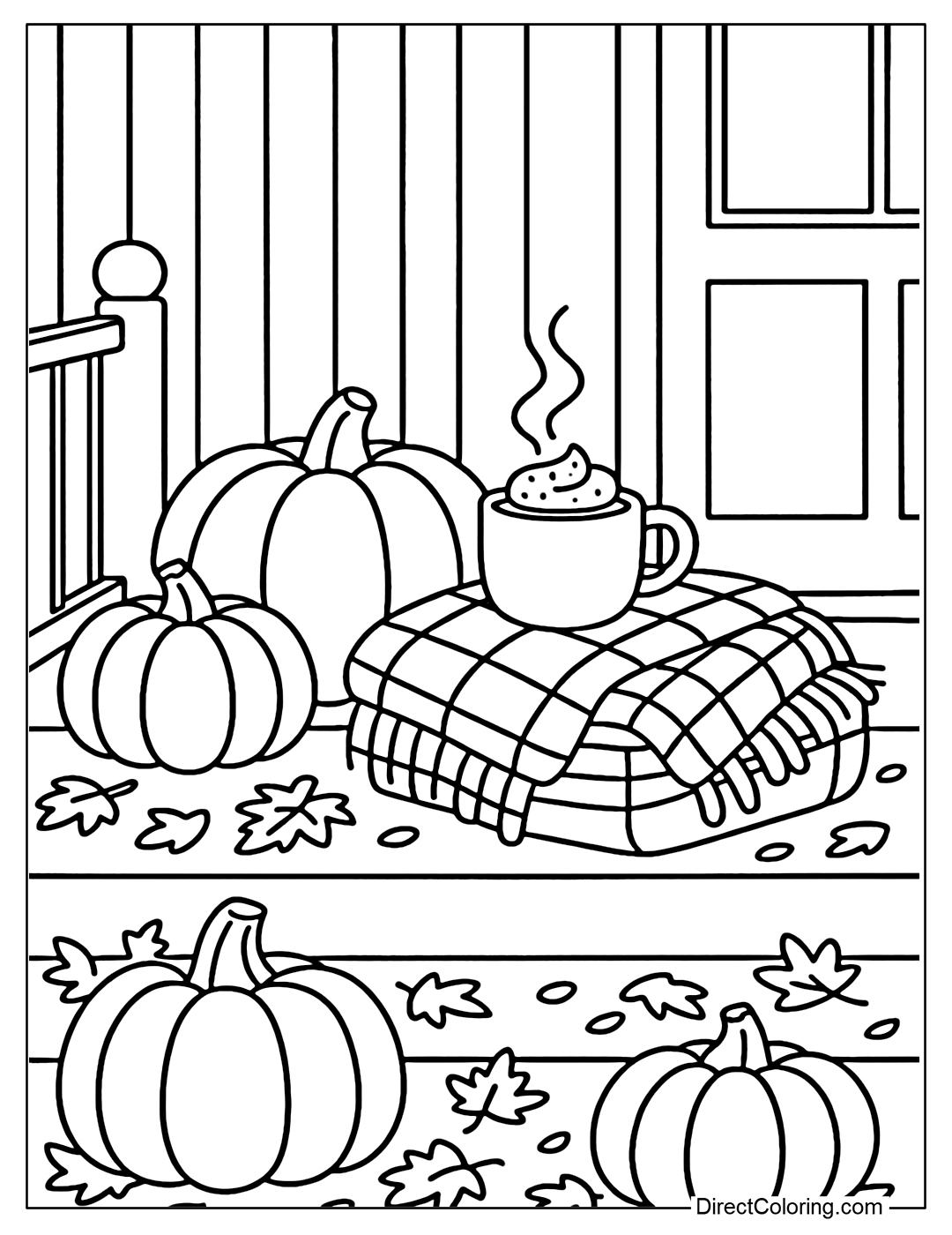 A fall porch coloring page with pumpkins, a wool blanket, and a cup of hot cocoa.